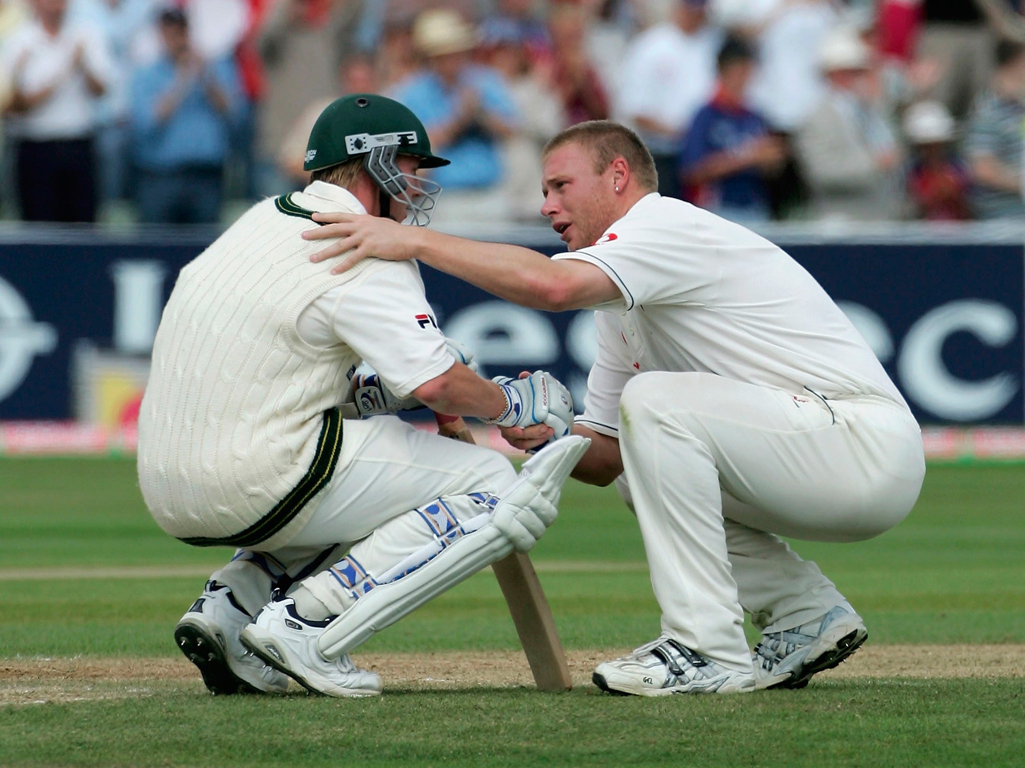 Andrew Flintoff consoles Brett Lee after the 2005 Edgbaston Ashes Test