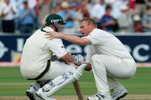 Andrew Flintoff consoles Brett Lee after the 2005 Edgbaston Ashes Test