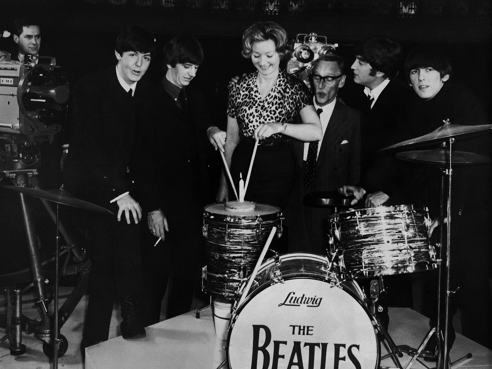 Julie Harris with the Beatles and Wilfrid Brambell, stars of ‘A Hard Day’s Night’ in 1964