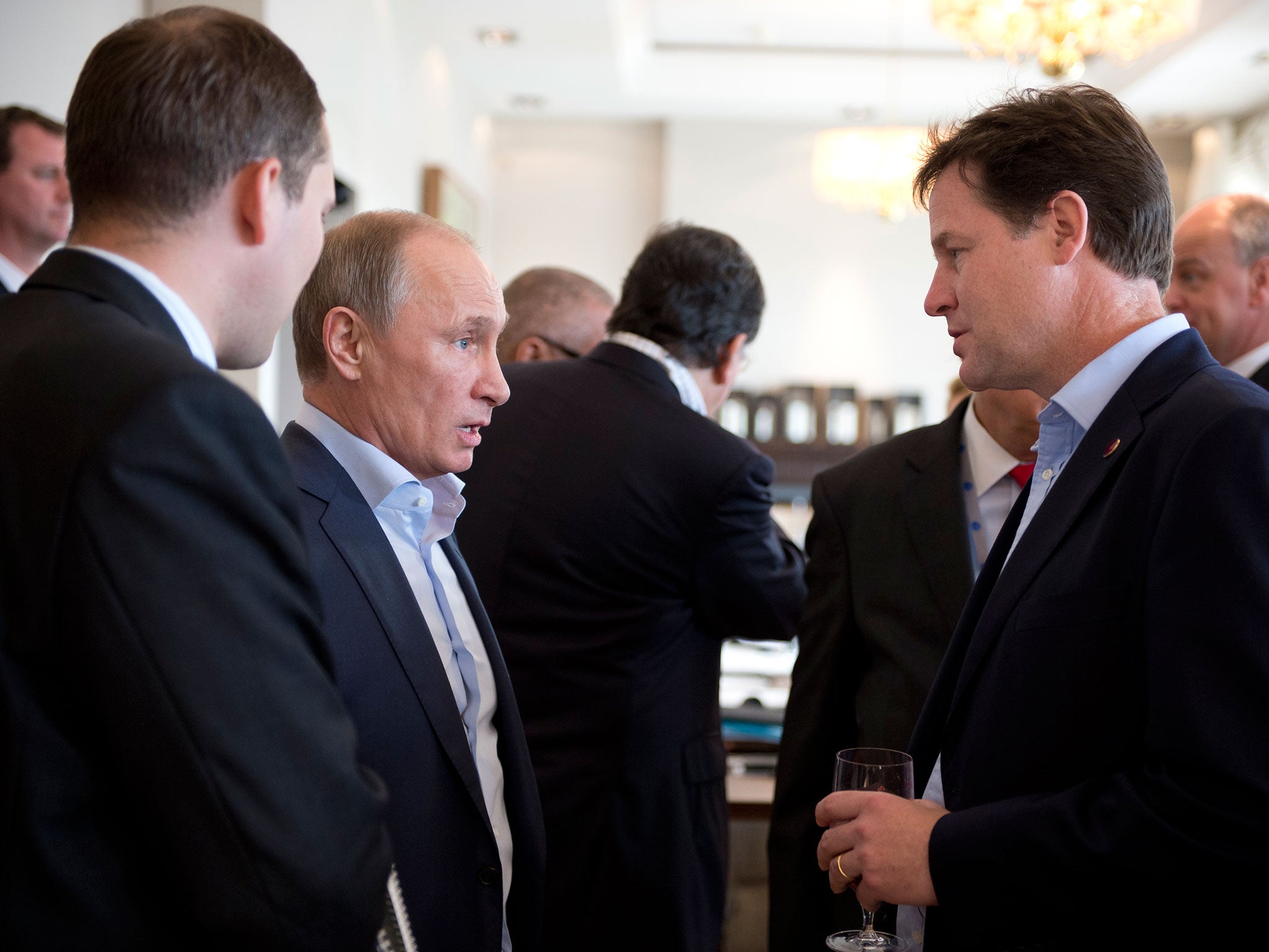 Nick Clegg talks to Russian President Vladimir Putin at the G8 Summit in Northern Ireland in 2013. The former Deputy Prime Minister has now been banned from entering Russia