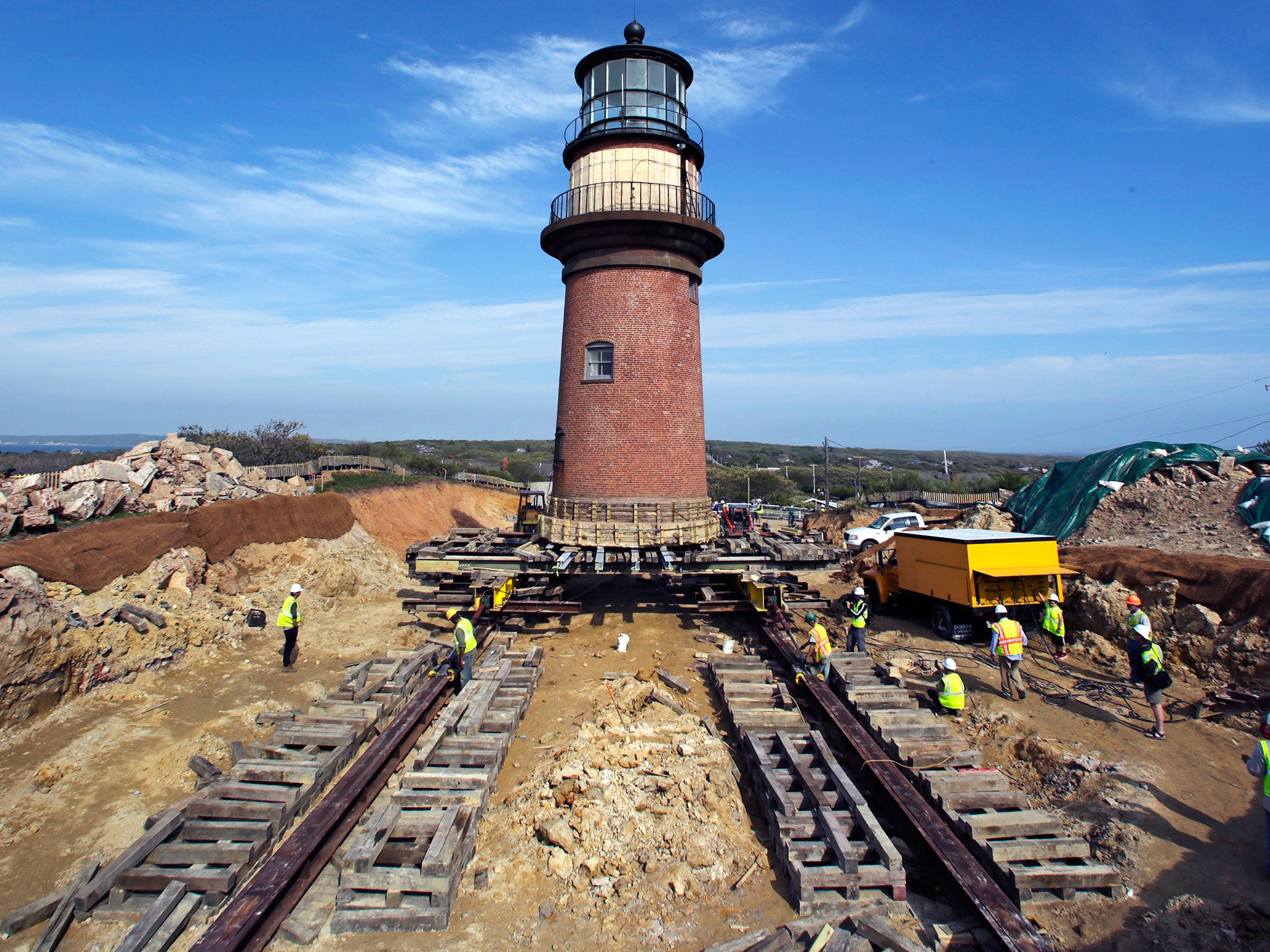 The Gay Head Lighthouse has been moved 135ft from its original footing on the island of Martha’s Vineyard