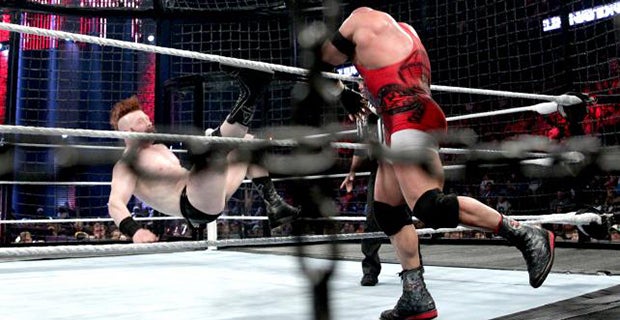 Ryback powerbombs Sheamus into the ring