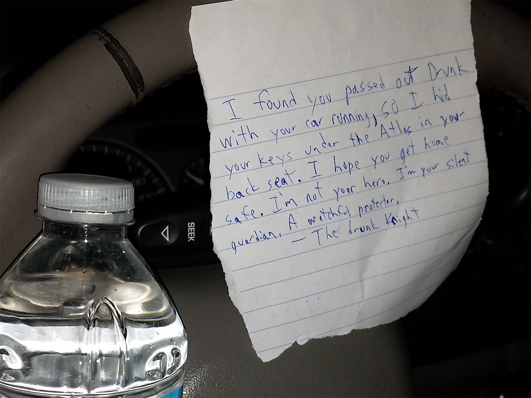 The note left by 'the drunk Knight' on the man's wheel