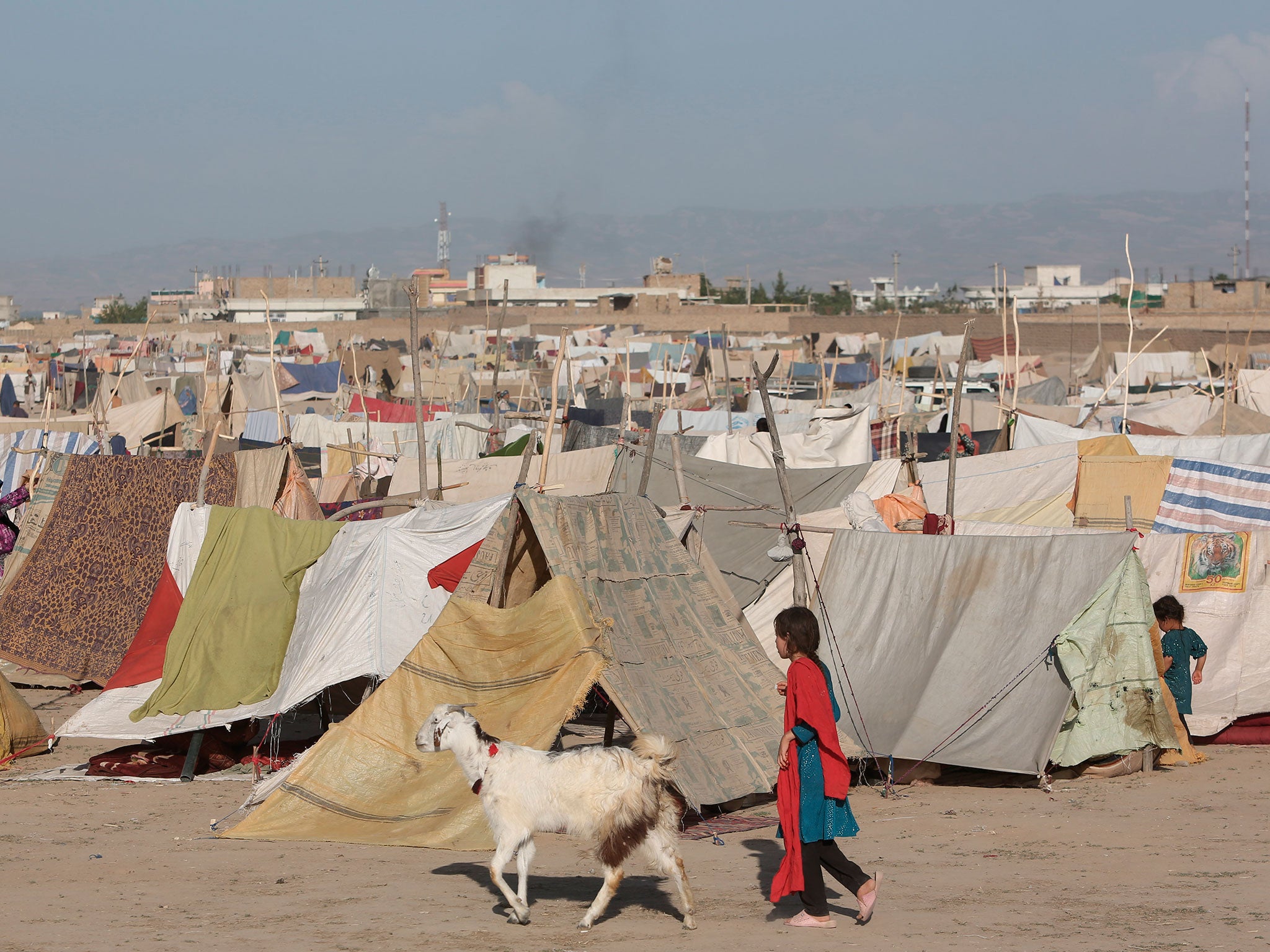 An Afghan girl walks among the multiplying tents at a refugee camp in Kunduz province, north of Kabul