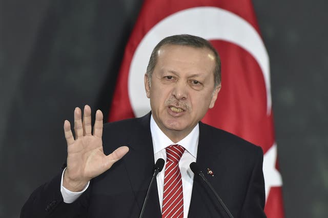 Turkish President Recep Tayyip Erdogan speaks at the National Palace in Mexico City on February 12, 2015. Erdogan is in Mexico on a two-day official visit. 