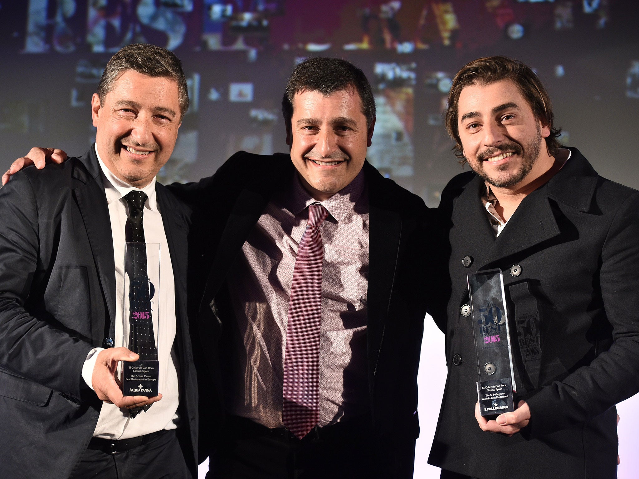 Spanish Restaurant ElCeller de Can Roca owners and brothers, Joan, Josep and Jordi Roca receive their award for best restaurant