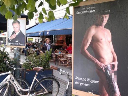 John Erik Wagner's campaign posters, both clothed and unclothed, in Copenhagen