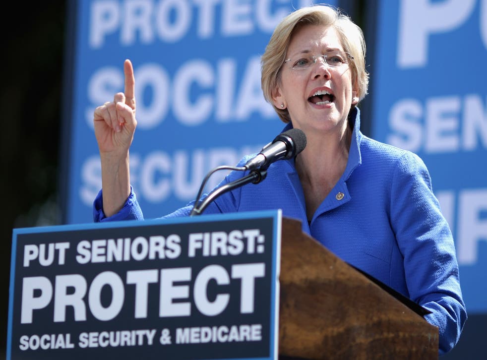 Massachusetts Senator Elizabeth Warren addresses a rally in support of Social Security and Medicare at Capitol Hill on September 2014.