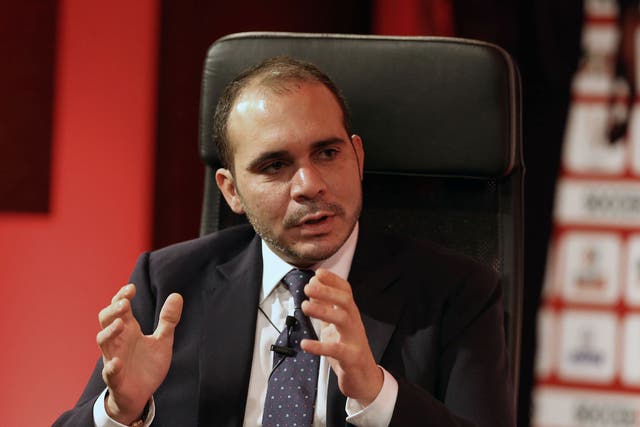 Prince Ali Bin Al-Hussein speaks at the discussion studio at the opening of the Soccerex convention, the world's largest football business event bringing together global leaders in the business of football to debate network and do business on May 3, 2015 at the King Hussein convention centre, Dead Sea, Jordan.