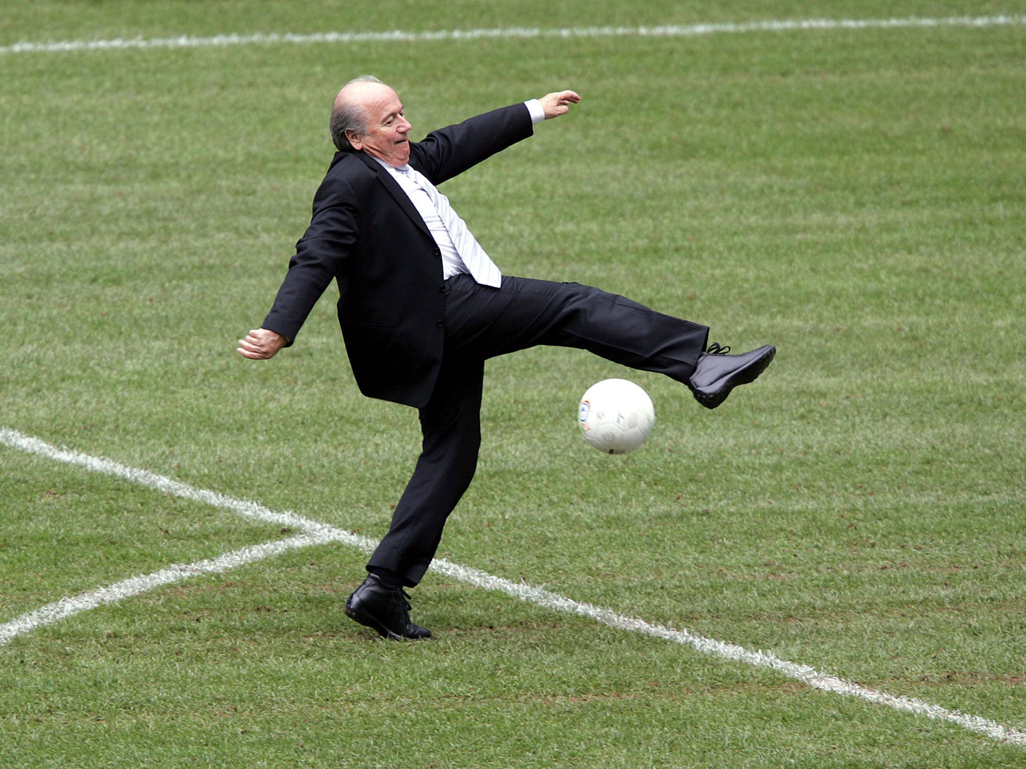 Missing the ball on the pitch at the Allianz Arena in Munich