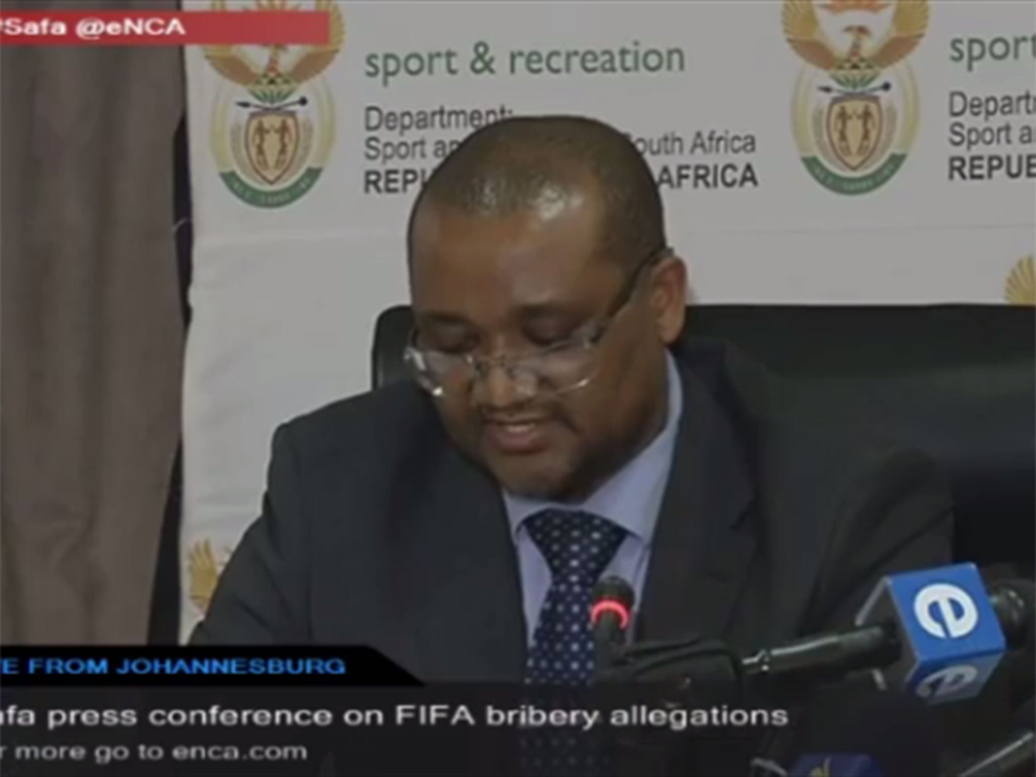 South Africa's sports ministry director general Alec Moemi speaks at a press conference, 3 June 2015