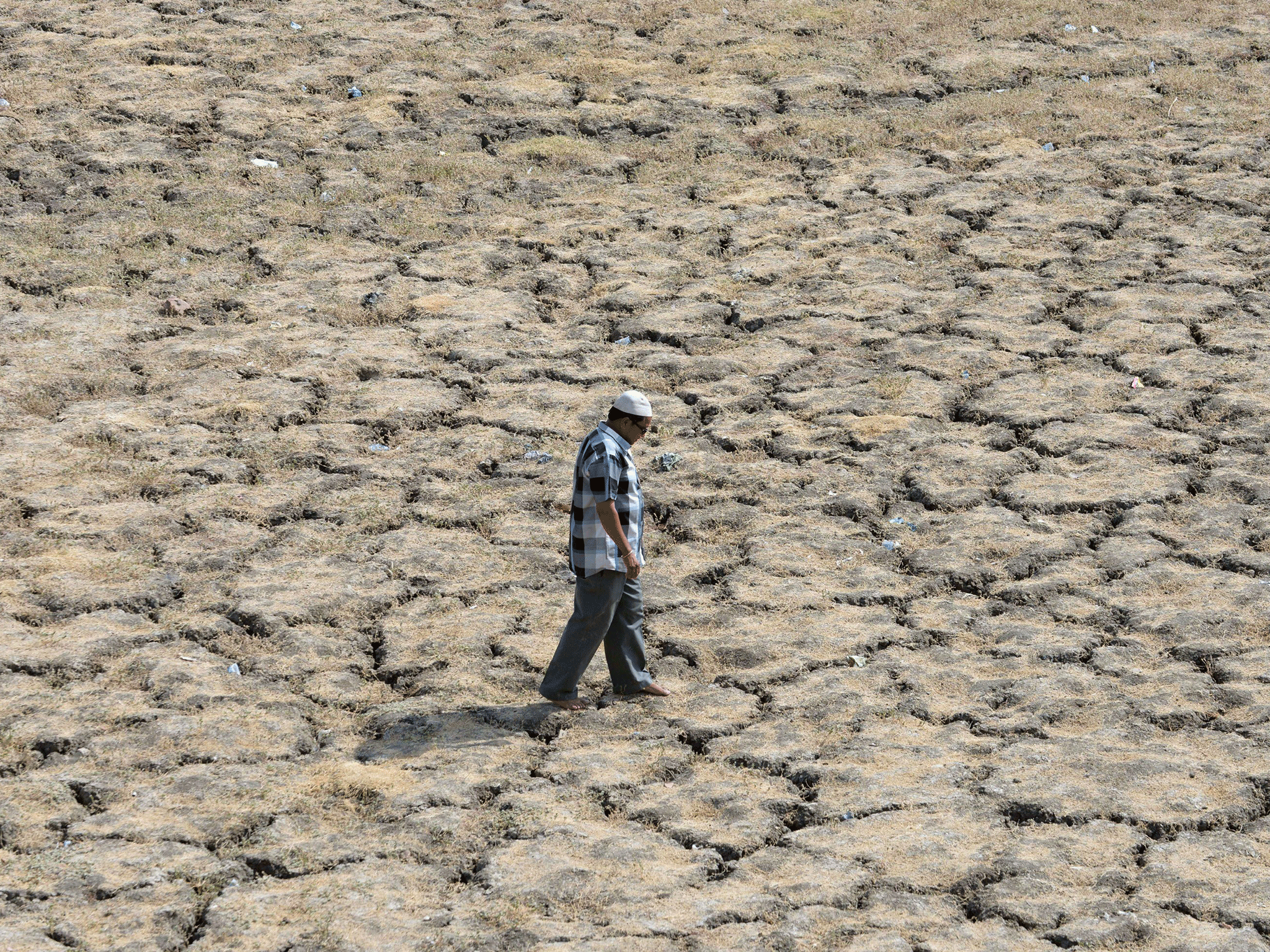 An Indian man walks across the dried-out bed of Lake Ahmad Sar as extreme heat conditions prevail