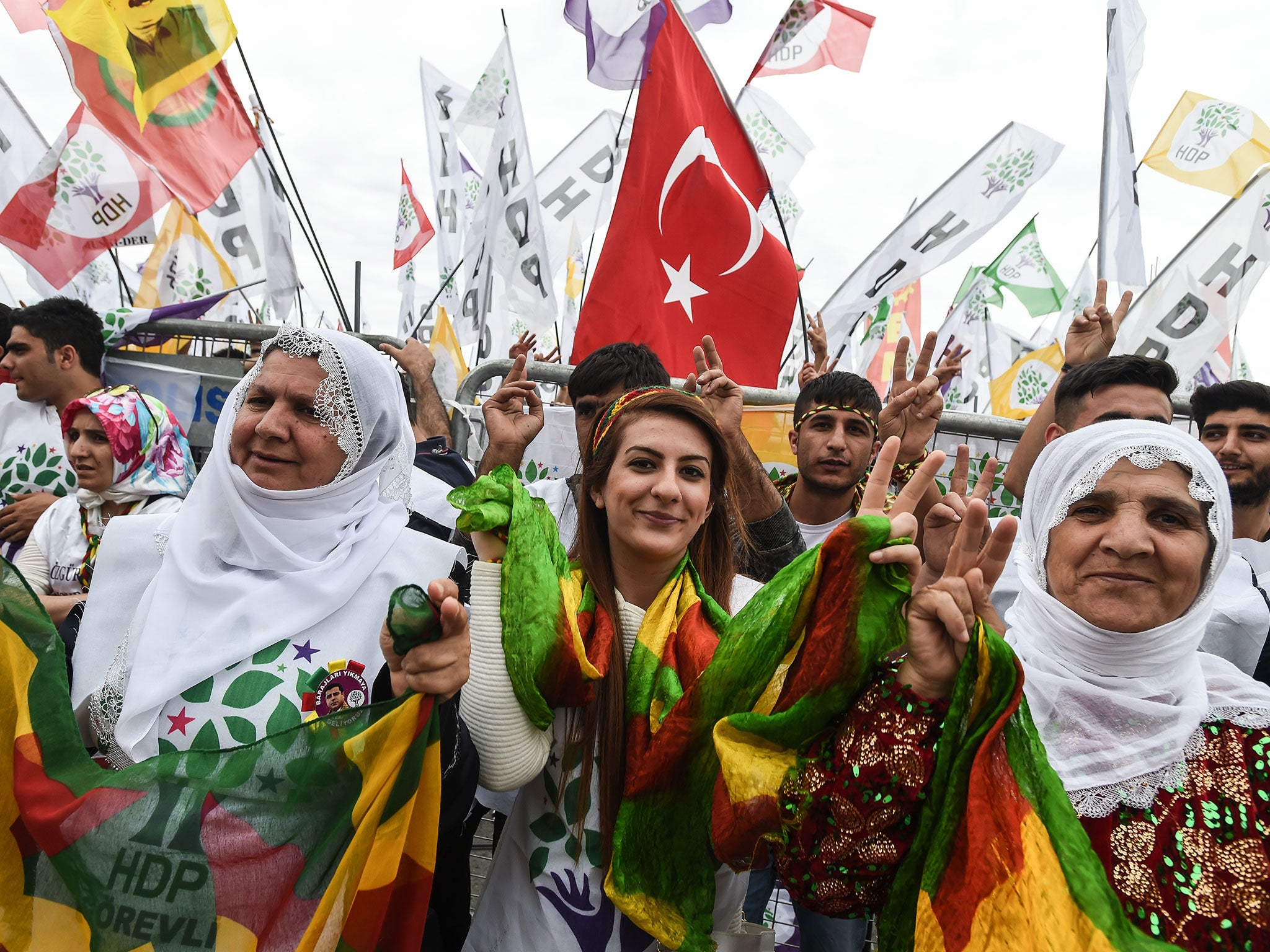 Supporters of the pro-Kurdish People’s Democratic Party cheer and wave flags during a rally ahead of the general election