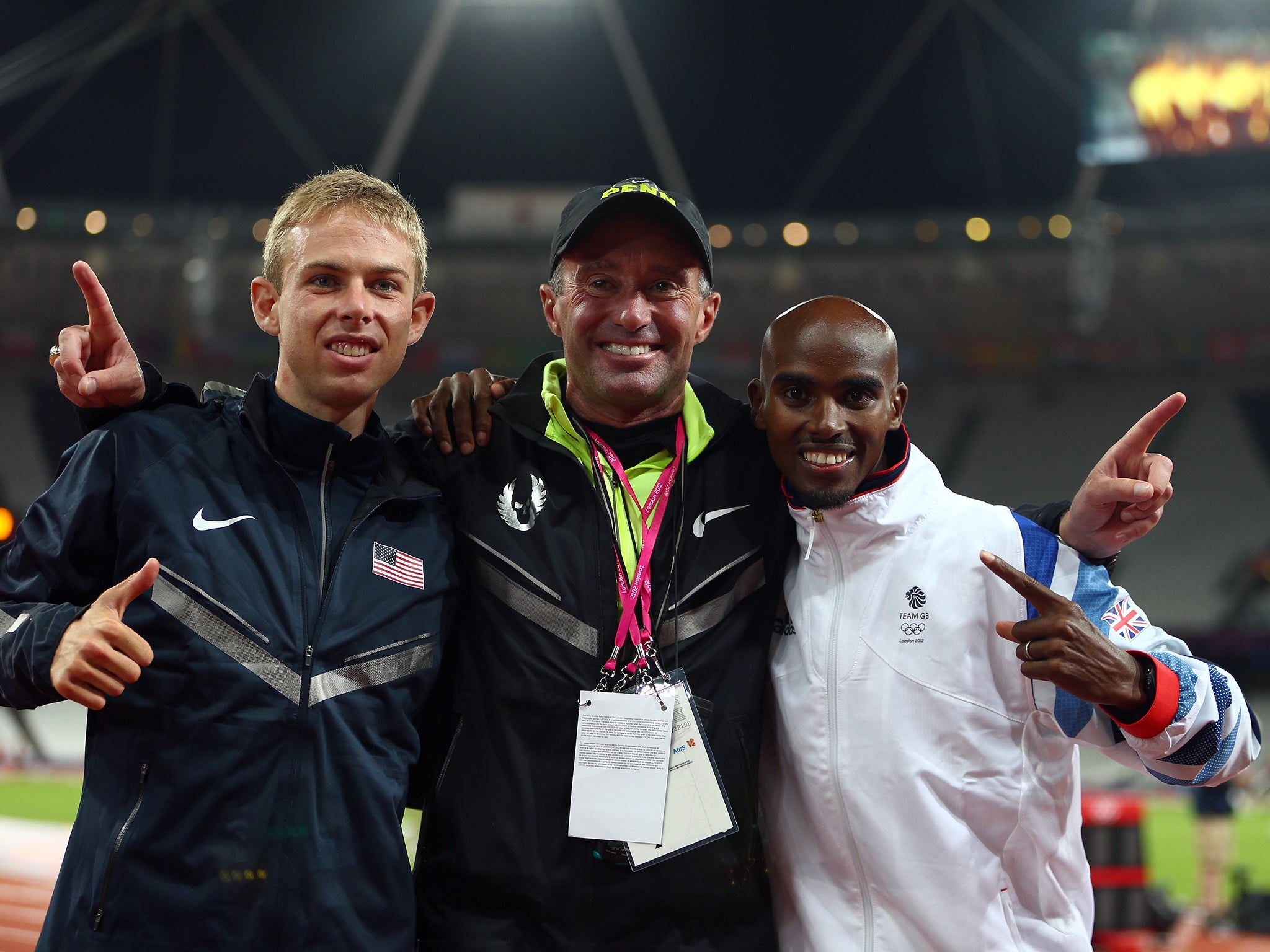 Alberto Salazar, middle, pictured with star pupils Galen Rupp and Mo Farah