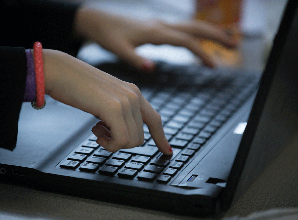 A pupil uses a laptop computer during an English lesson
