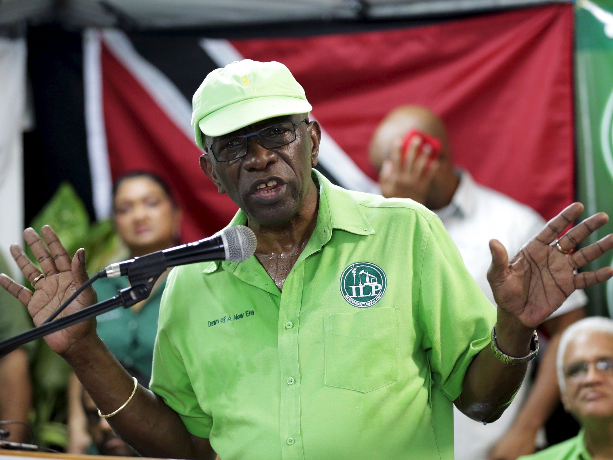 Former FIFA Vice President Jack Warner addresses the audience during a meeting of his Independent Liberal Party in Marabella, South Trinidad