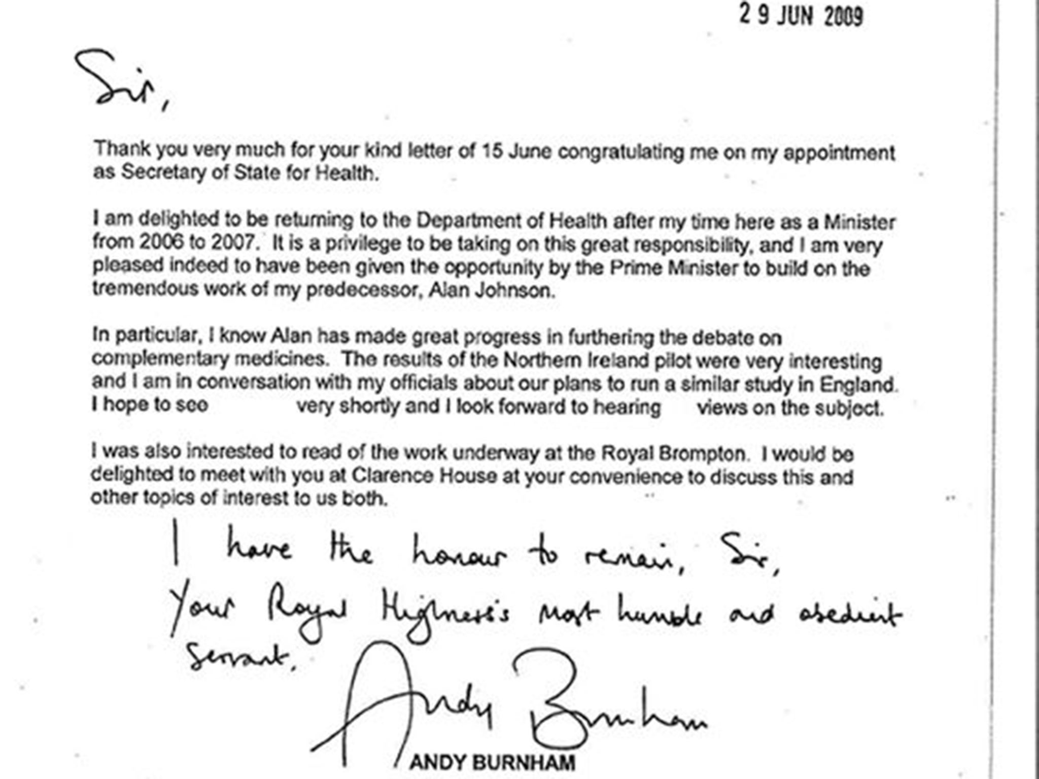 Prince Charles wrote to Health Secretary Andy Burnham following his appointment as Alan Johnson's replacement