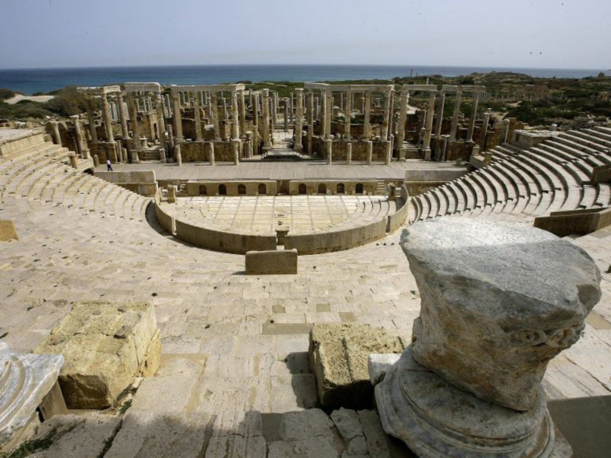The amphitheatre at Leptis Magna, a World Heritage site in the city of Lebda. The Roman ruins are among the most spectacular in the Mediterranean.