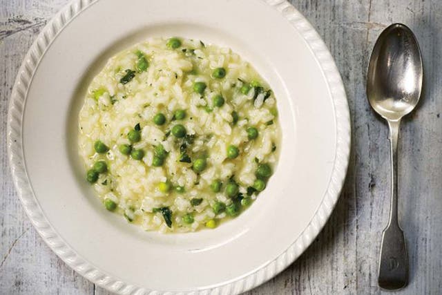 Risi e bisi is a luminous green pea risotto with a soupy consistency