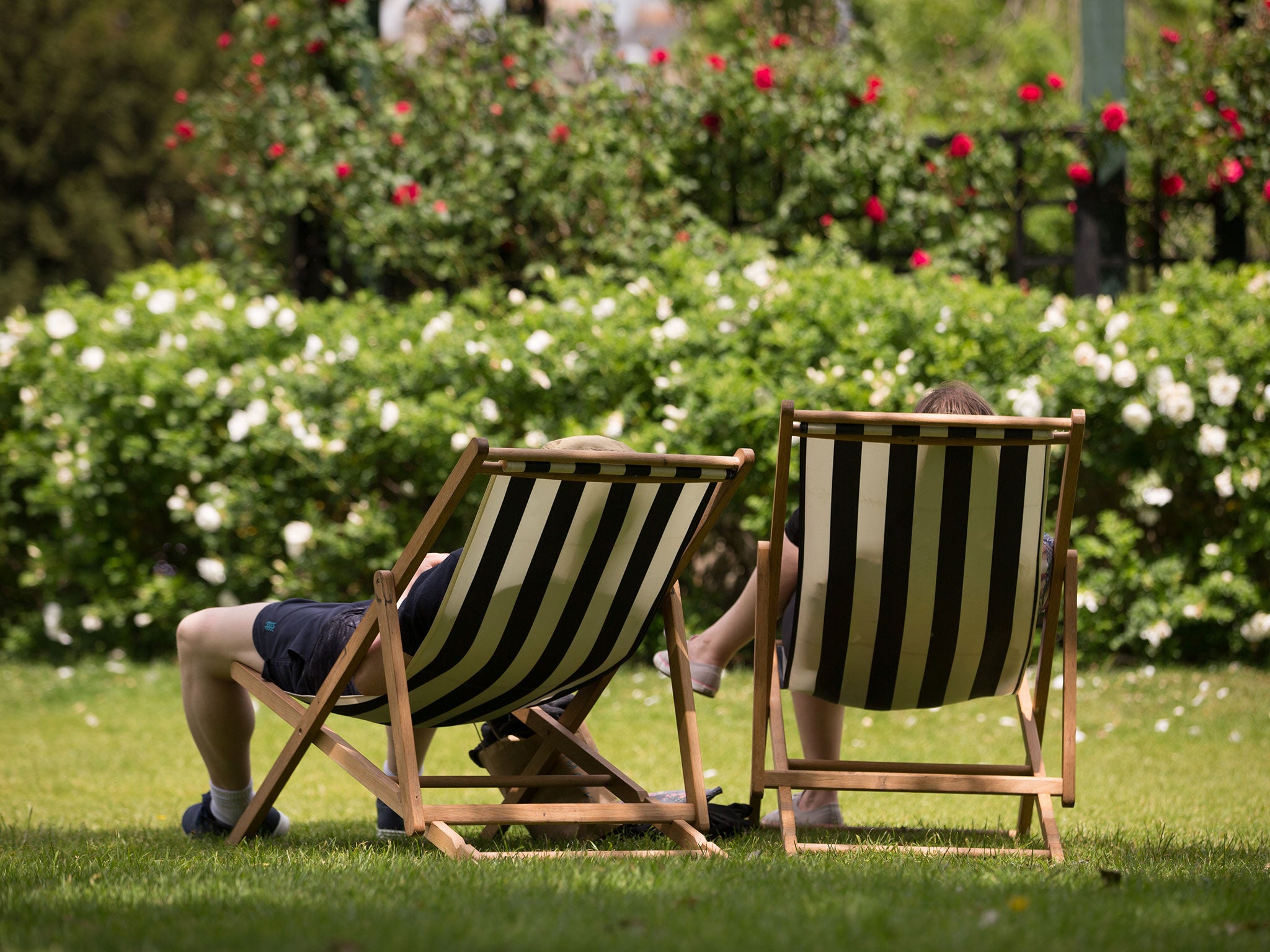 People enjoy the fine weather in Parade Gardens in Bath