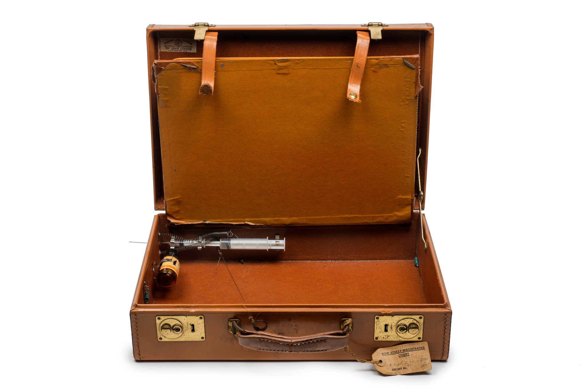 A suitcase with a hidden poison-filled syringe, intended to be used against a witness by the gangster Kray twins