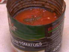 Couple cooking lunch open can of tomatoes to find dead lizard inside