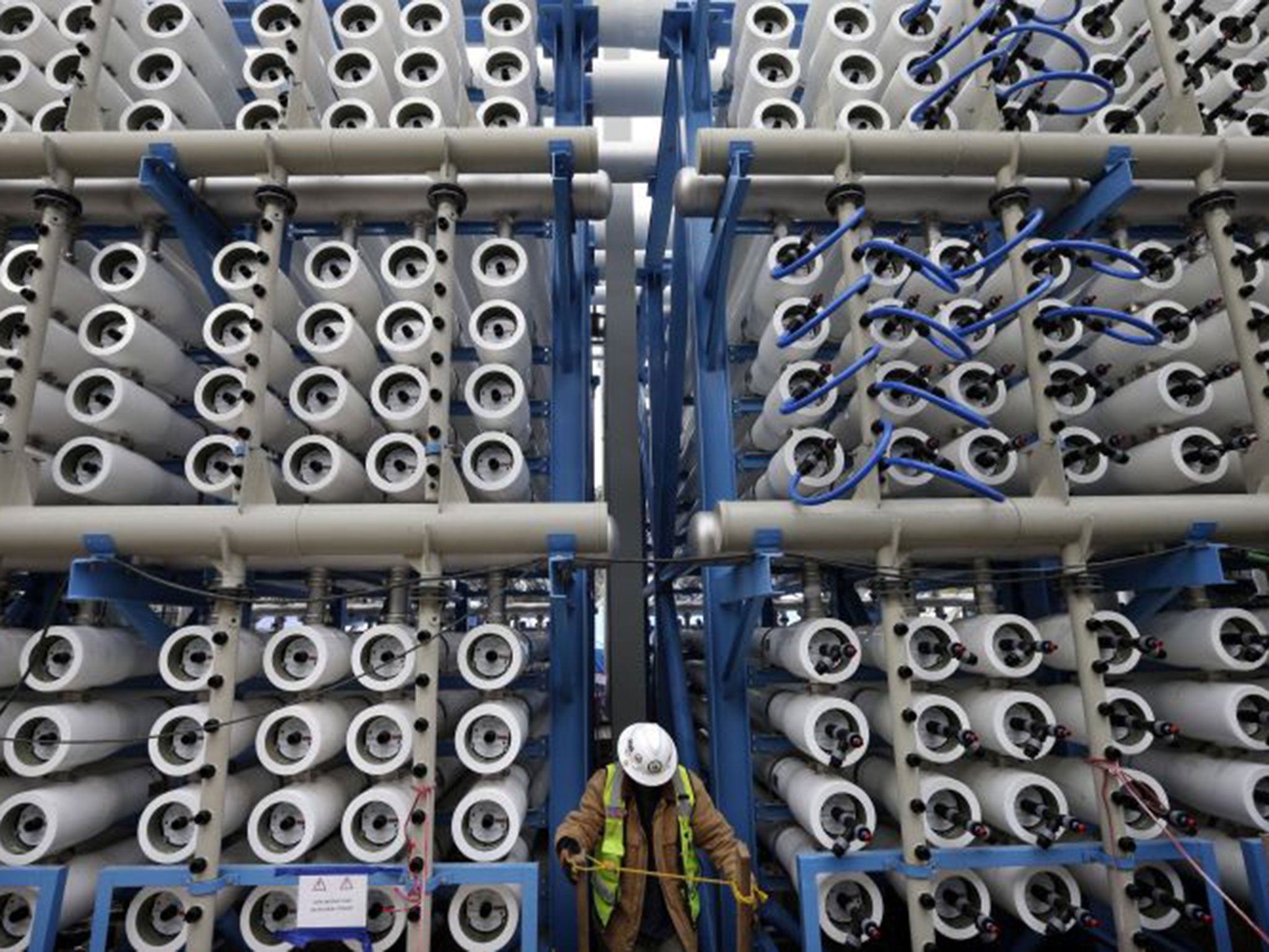 Some of the 2,000 pressure vessels used to convert seawater into fresh water through reverse osmosis at California’s Carlsbad Desalination Project