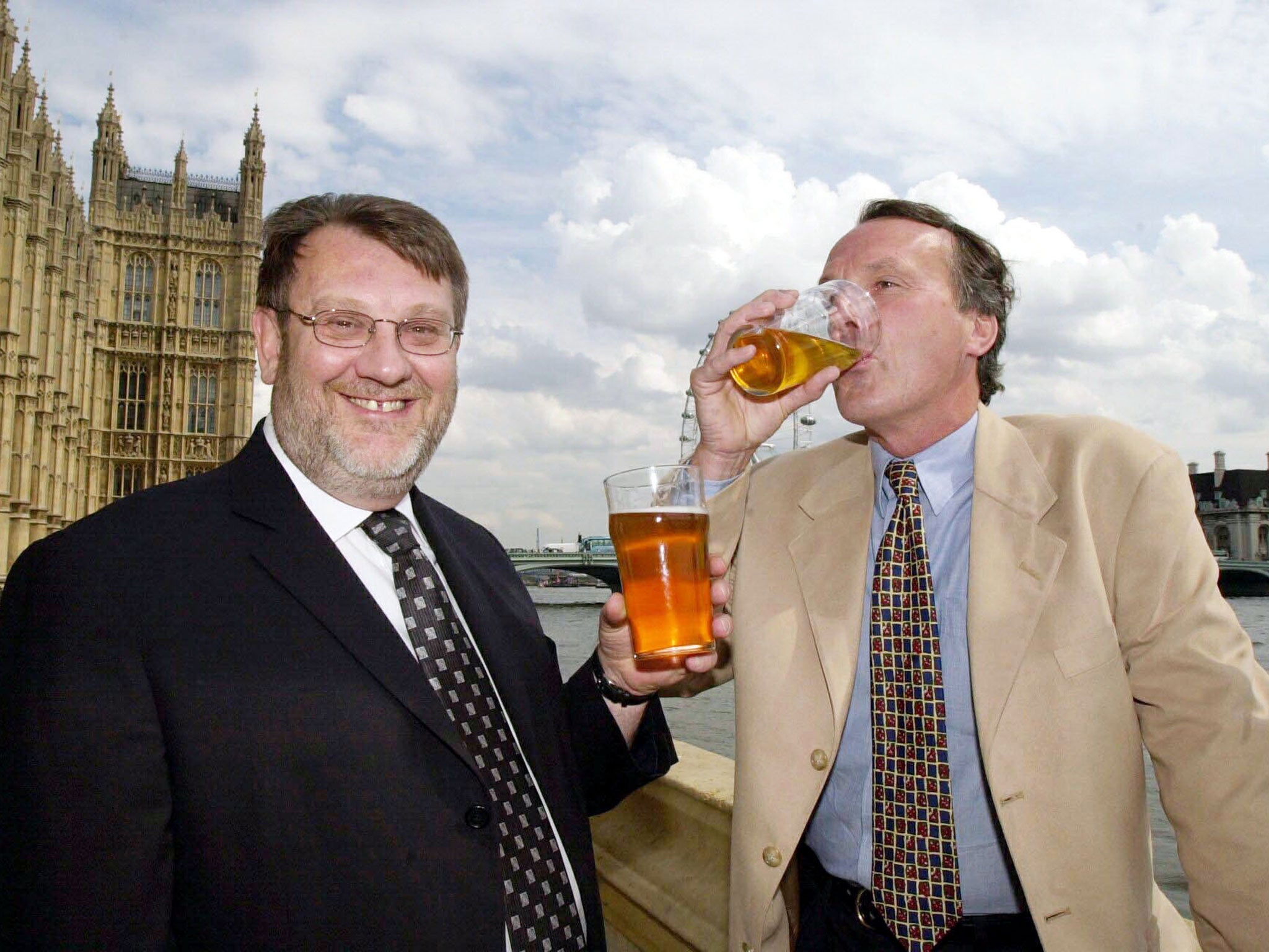 MP for Doncaster North Kevin Hughes (left) and Geoff Brown owner of Glentworth brewery enjoy a pint of Glentworth Brewery's Danum Goldon on the terrace at The House of Commons