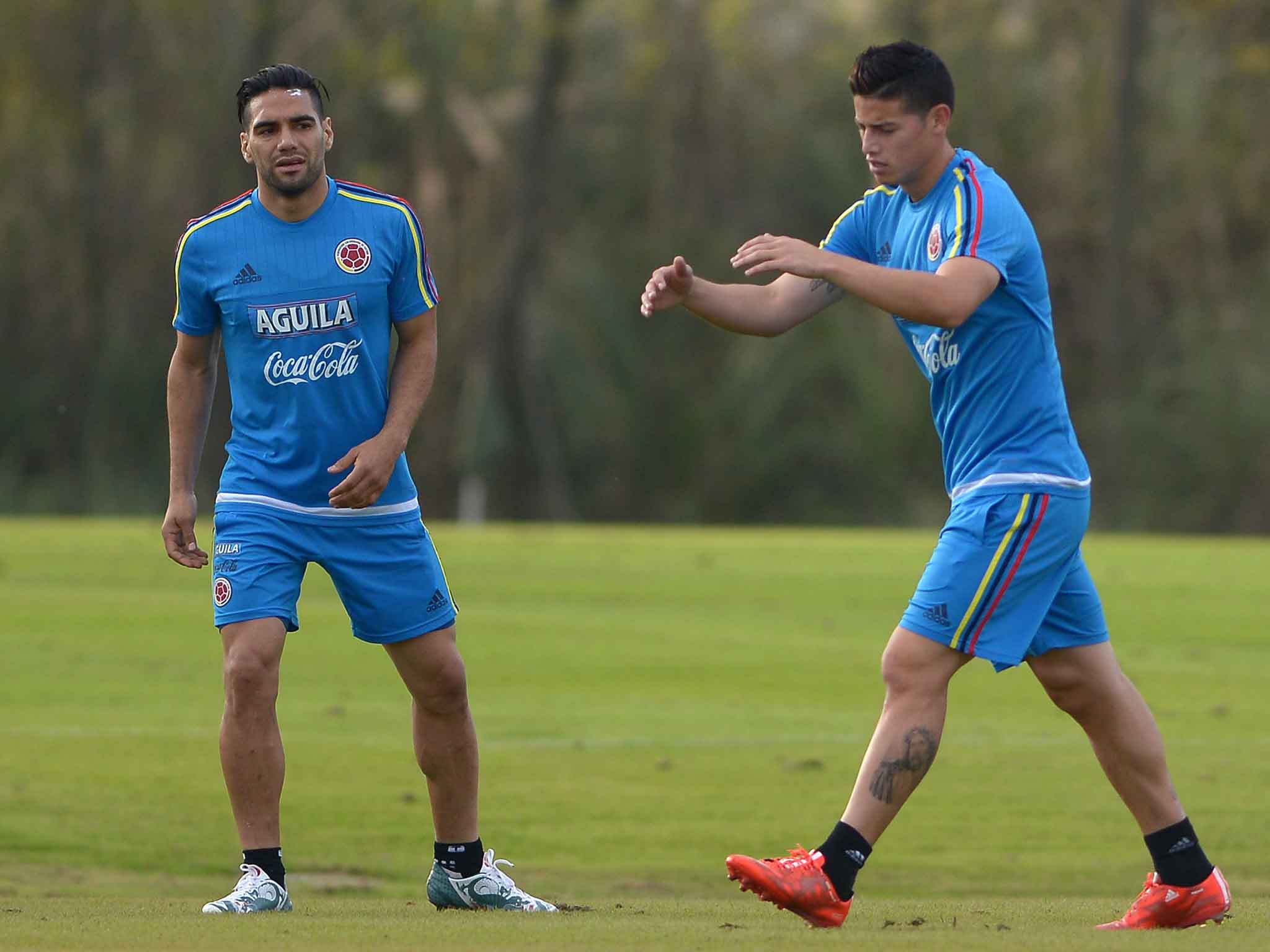 Radamel Falcao alongside James Rodriguez in training with Colombia