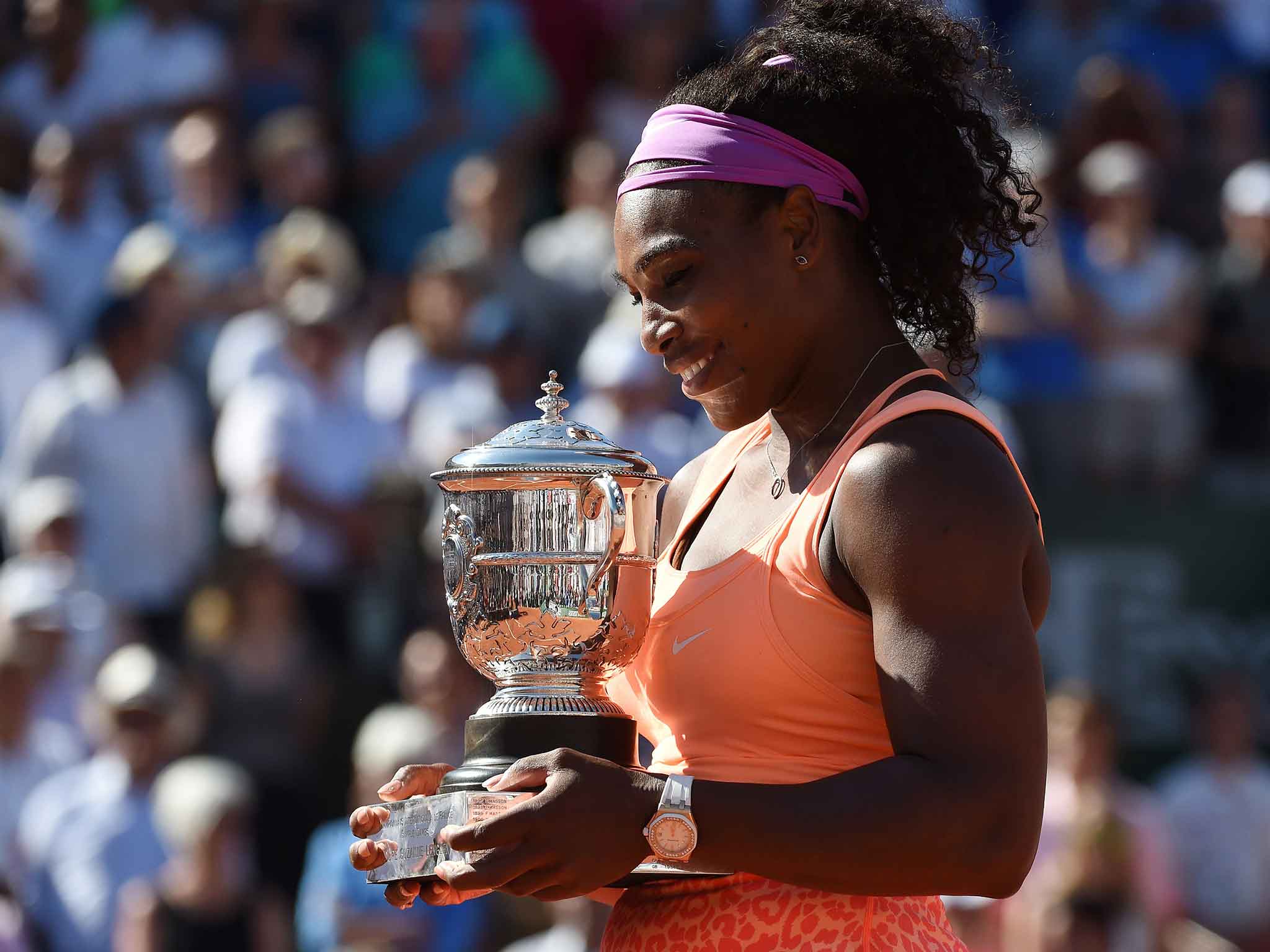Serena Williams pictured with the French Open trophy after defeating Lucie Safarova