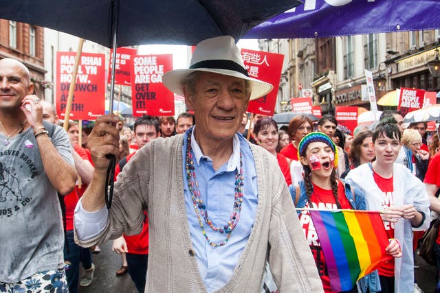 Sir Ian McKellen takes part in the annual Pride In London parade on June 28, 2014