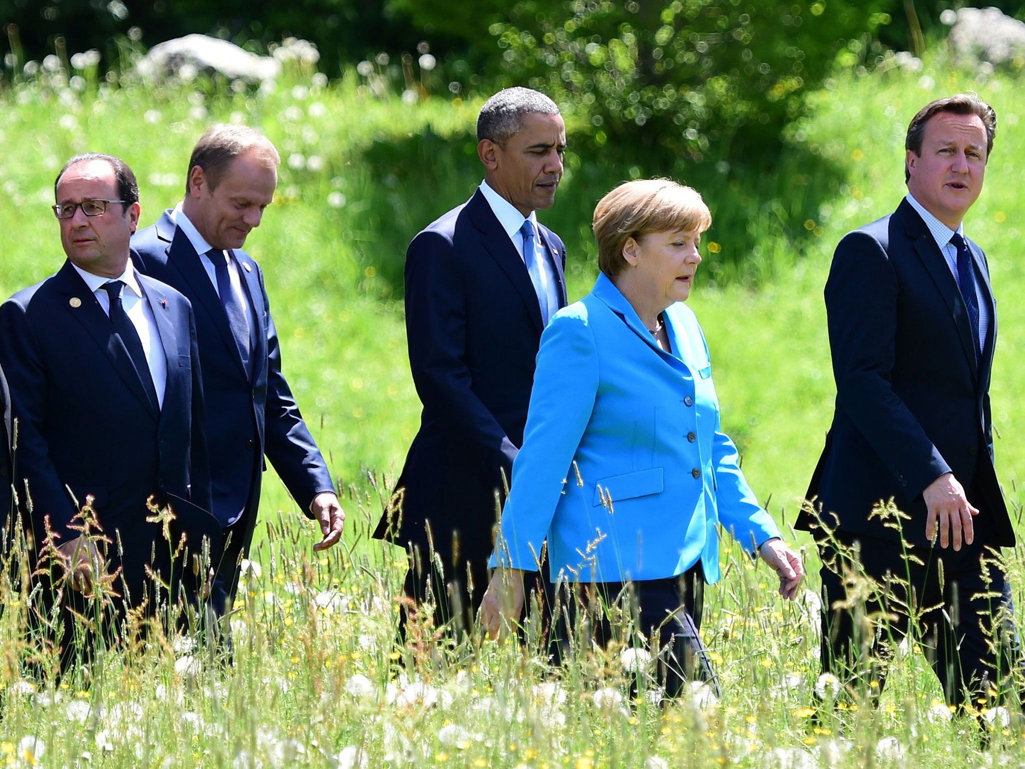 From left to right, British Prime Minister David Cameron, US President Barack Obama, Germany's Chancellor Angela Merkel, President of the European Council Donald Tusk, French President Francois Hollande on their way to their first working session at the E