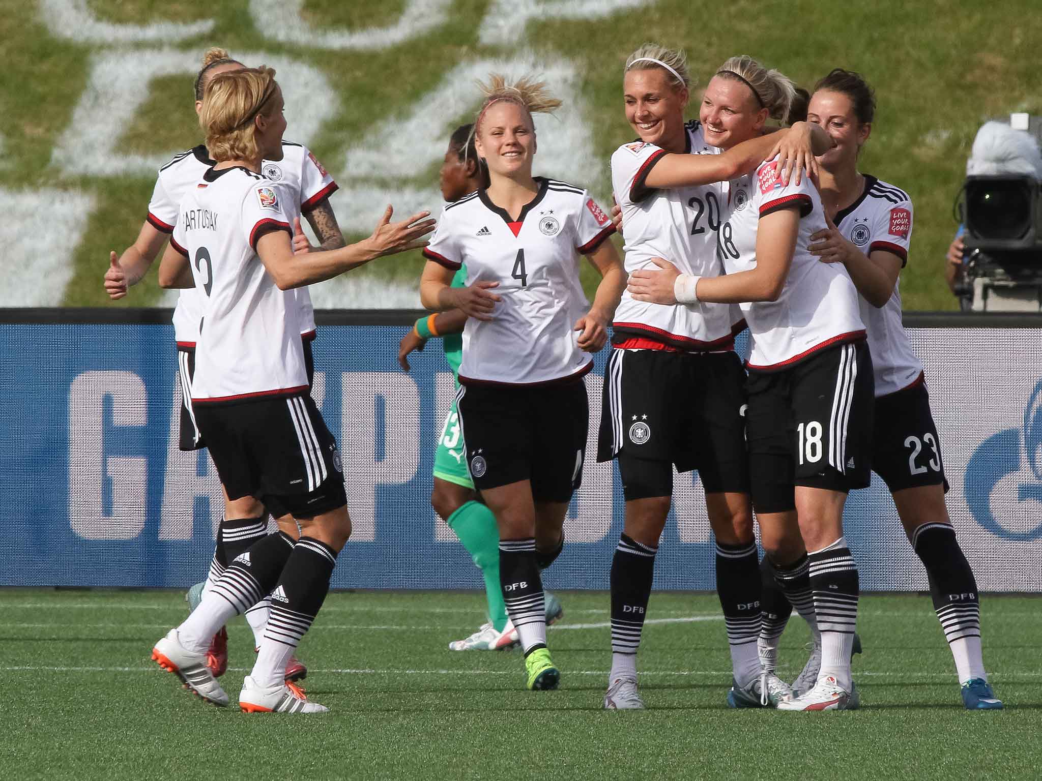 Germany celebrate after Alexandre Popp scores against the Ivory Coast
