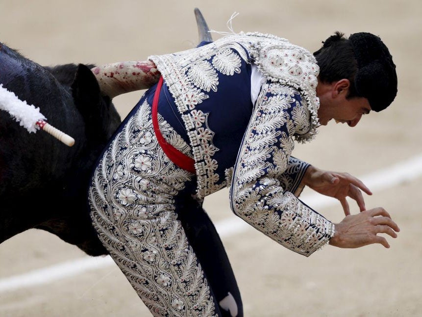 The bull gored Marco Galan in the groin and dragged him along by his jacket