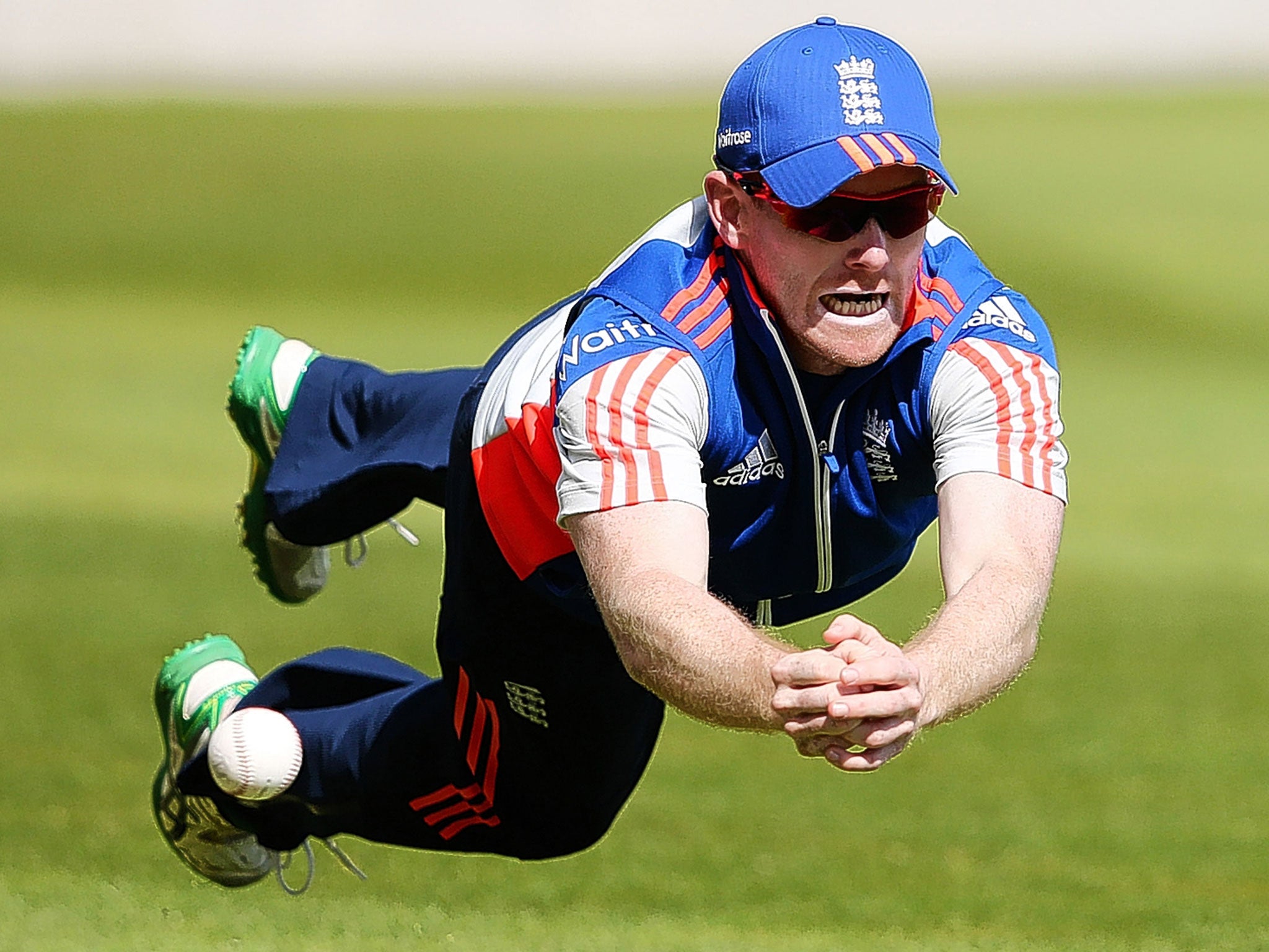 England one-day captain Eoin Morgan fails to catch the ball during yesterday’s fielding practice at Edgbaston