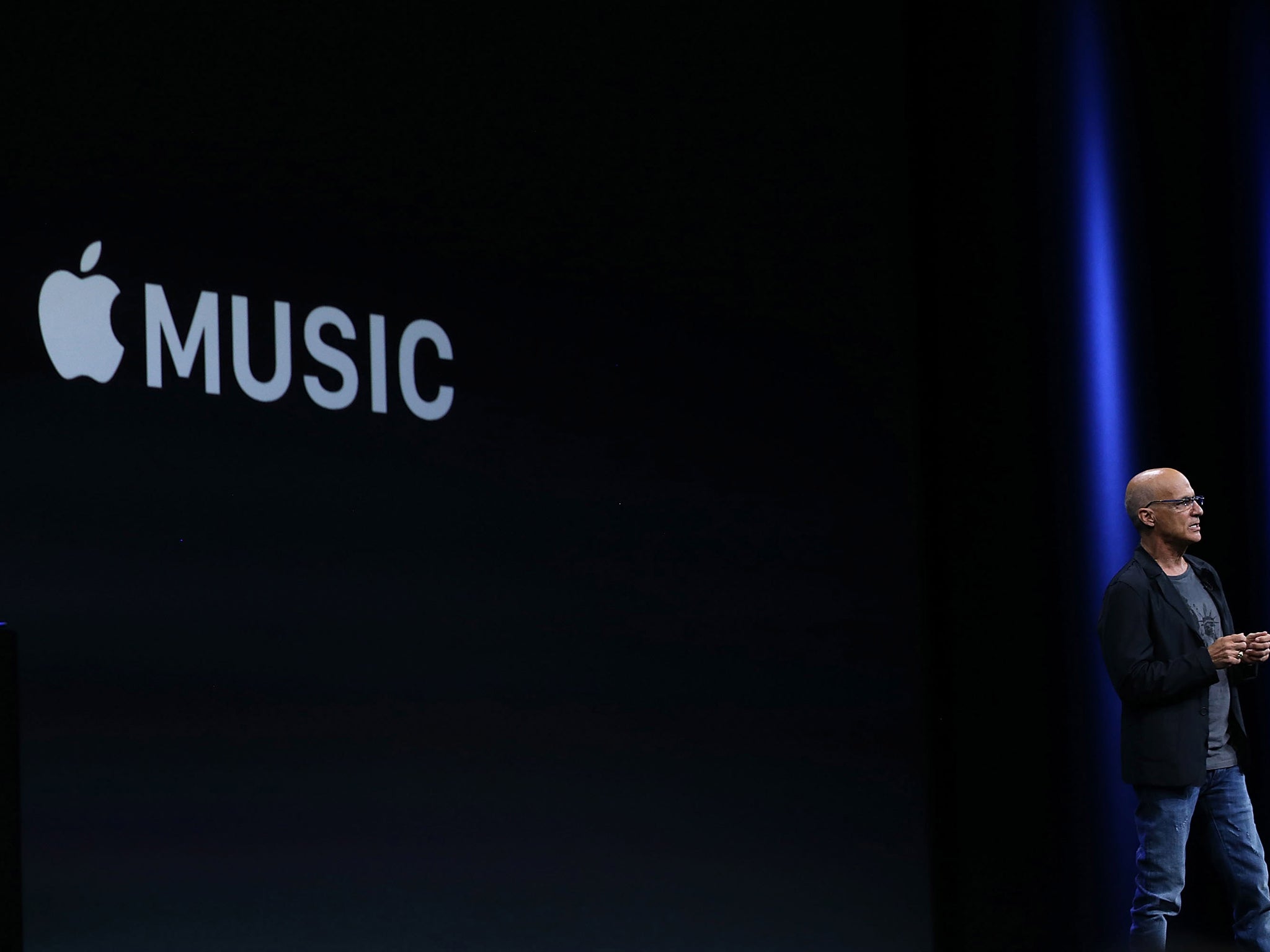 Johnny Iovine announces Apple Music during Apple WWDC on June 8, 2015 in San Francisco, California. Apple's annual developers conference runs through June 12