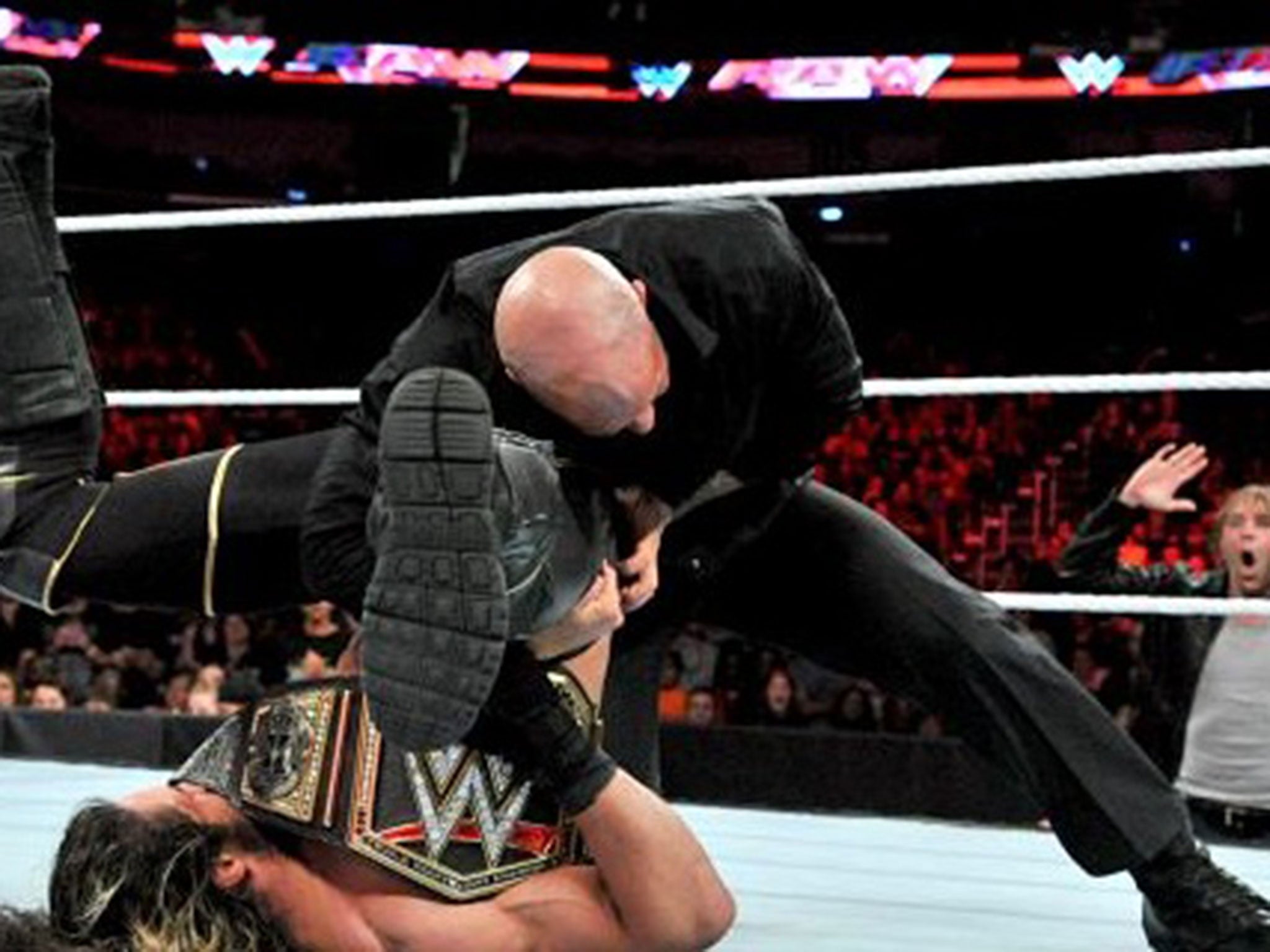 Joey Mercury rolls up Seth Rollins for the win