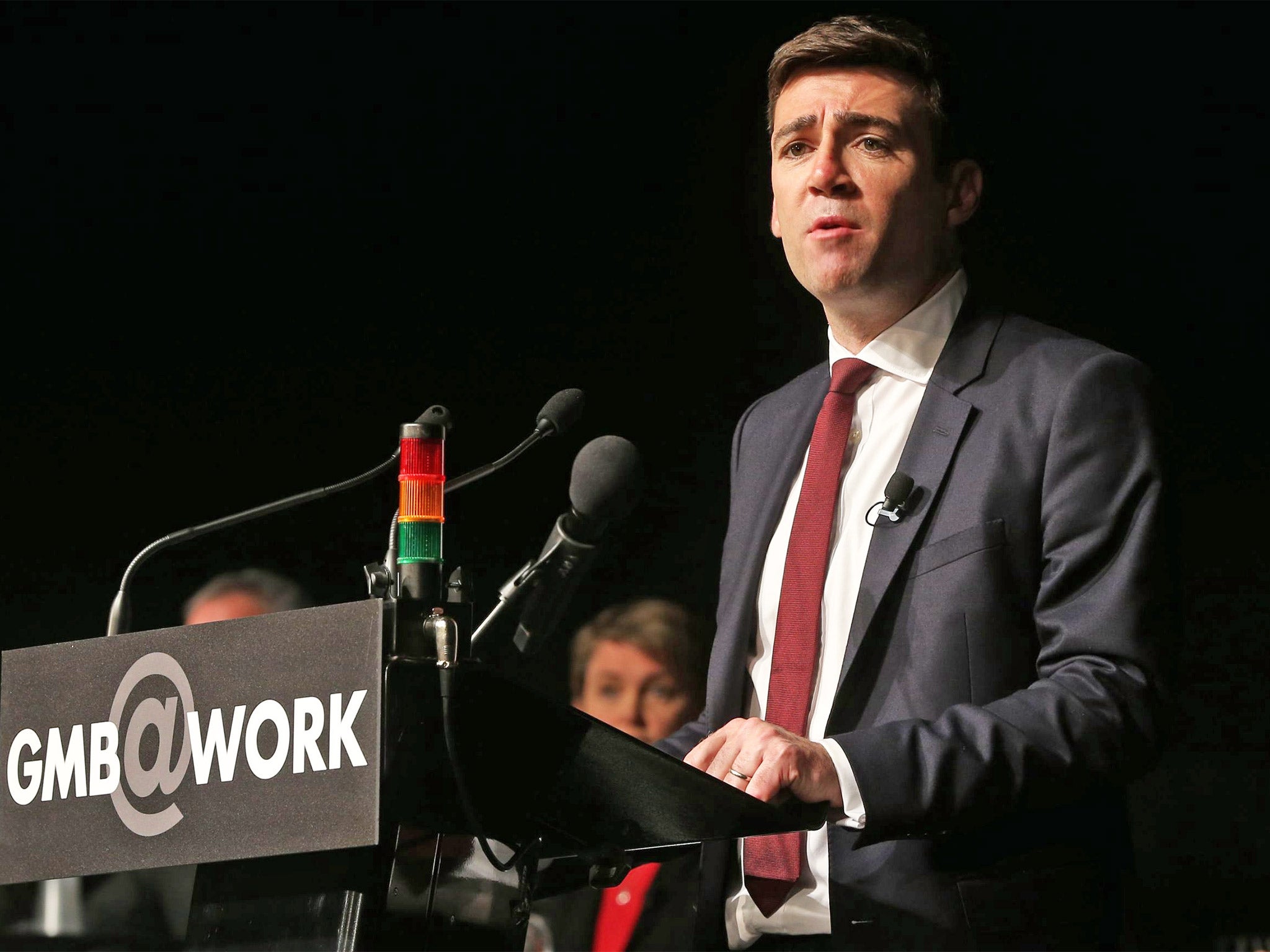 Labour leadership contender Andy Burnham addresses delegates at the annual conference of the GMB union in Dublin