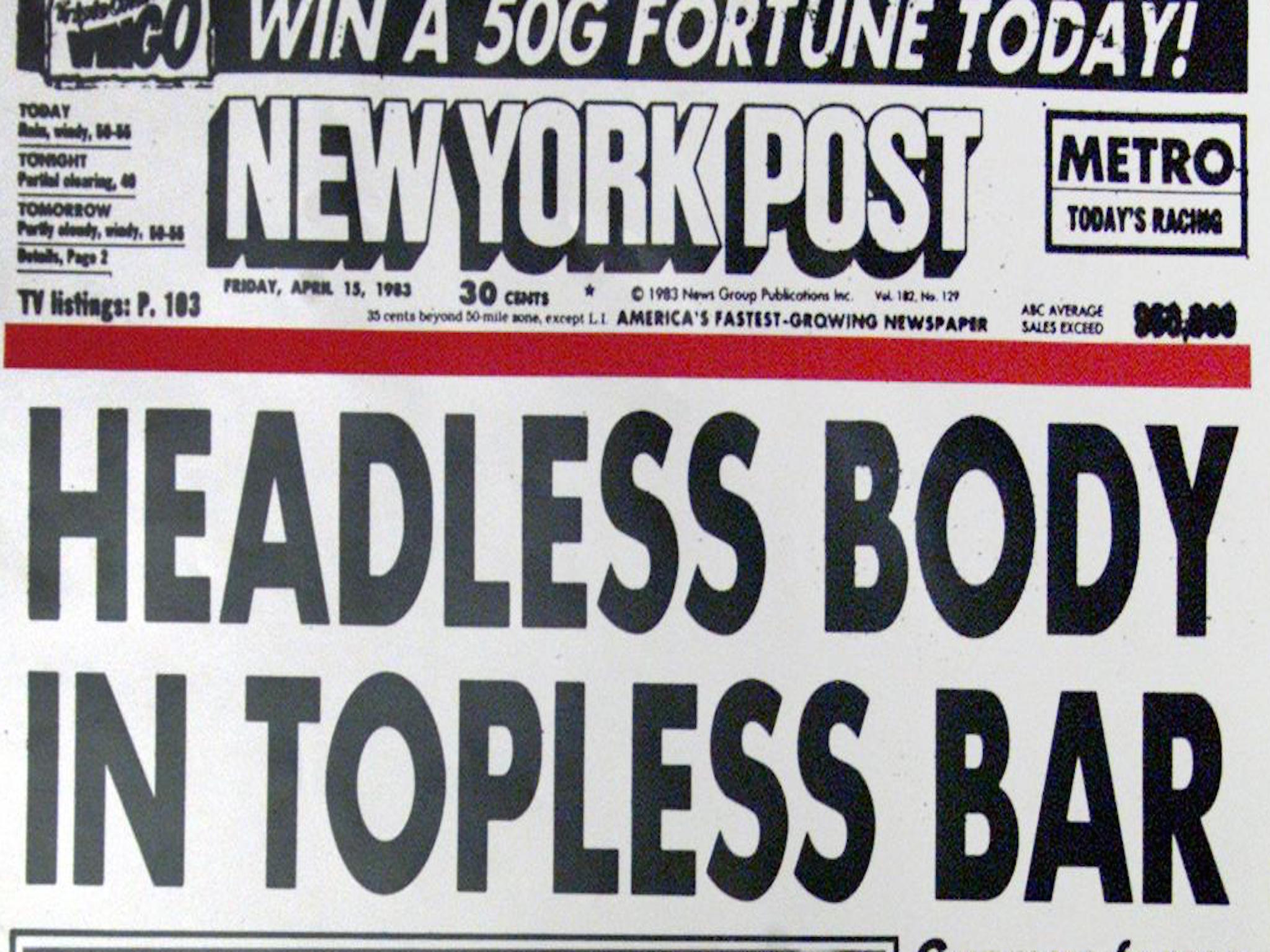 Headless Body in Topless Bar edition of New York Post