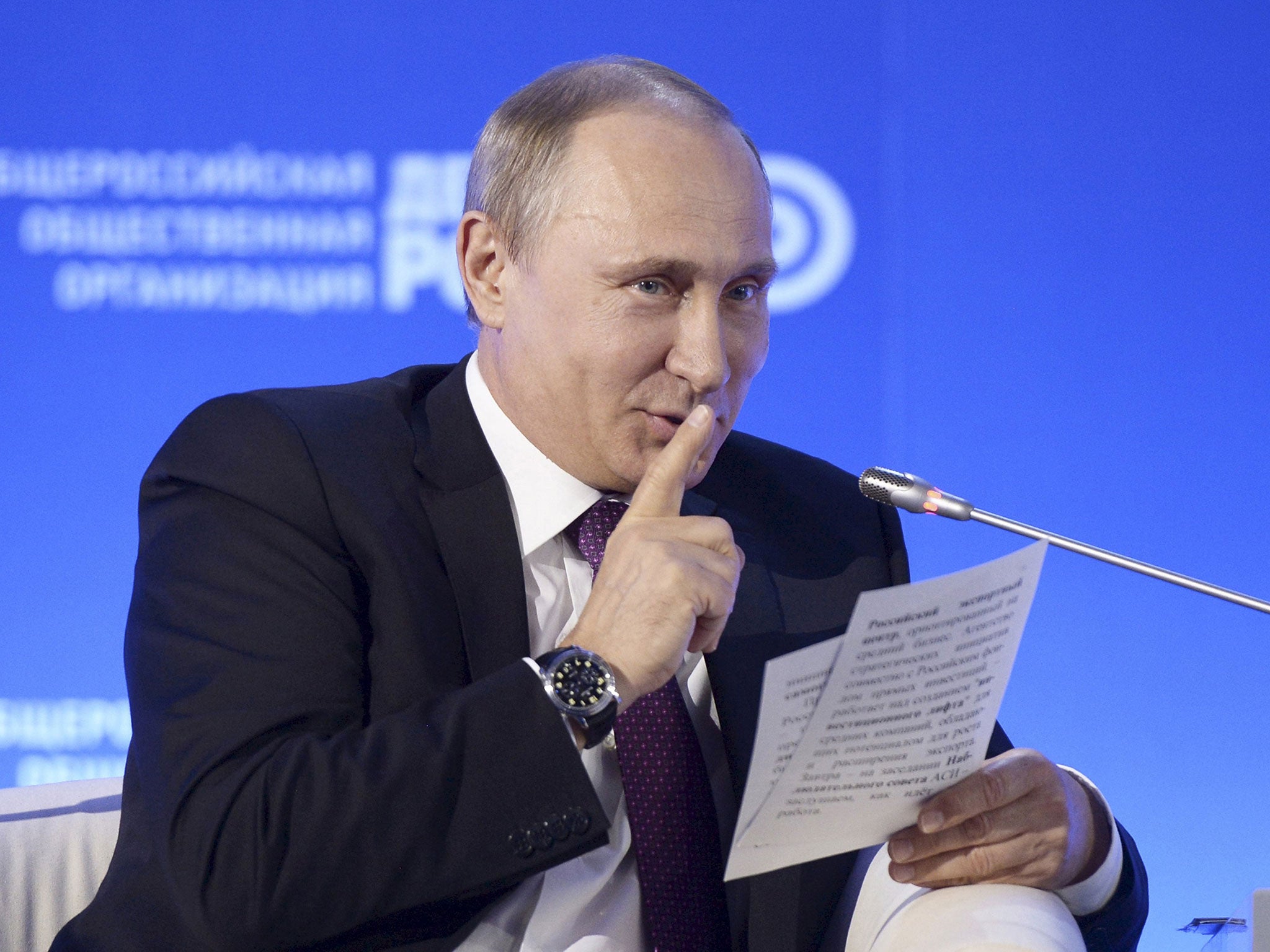 A picture of Vladimir Putin, issued by the Kremlin, from a conference on 26 May