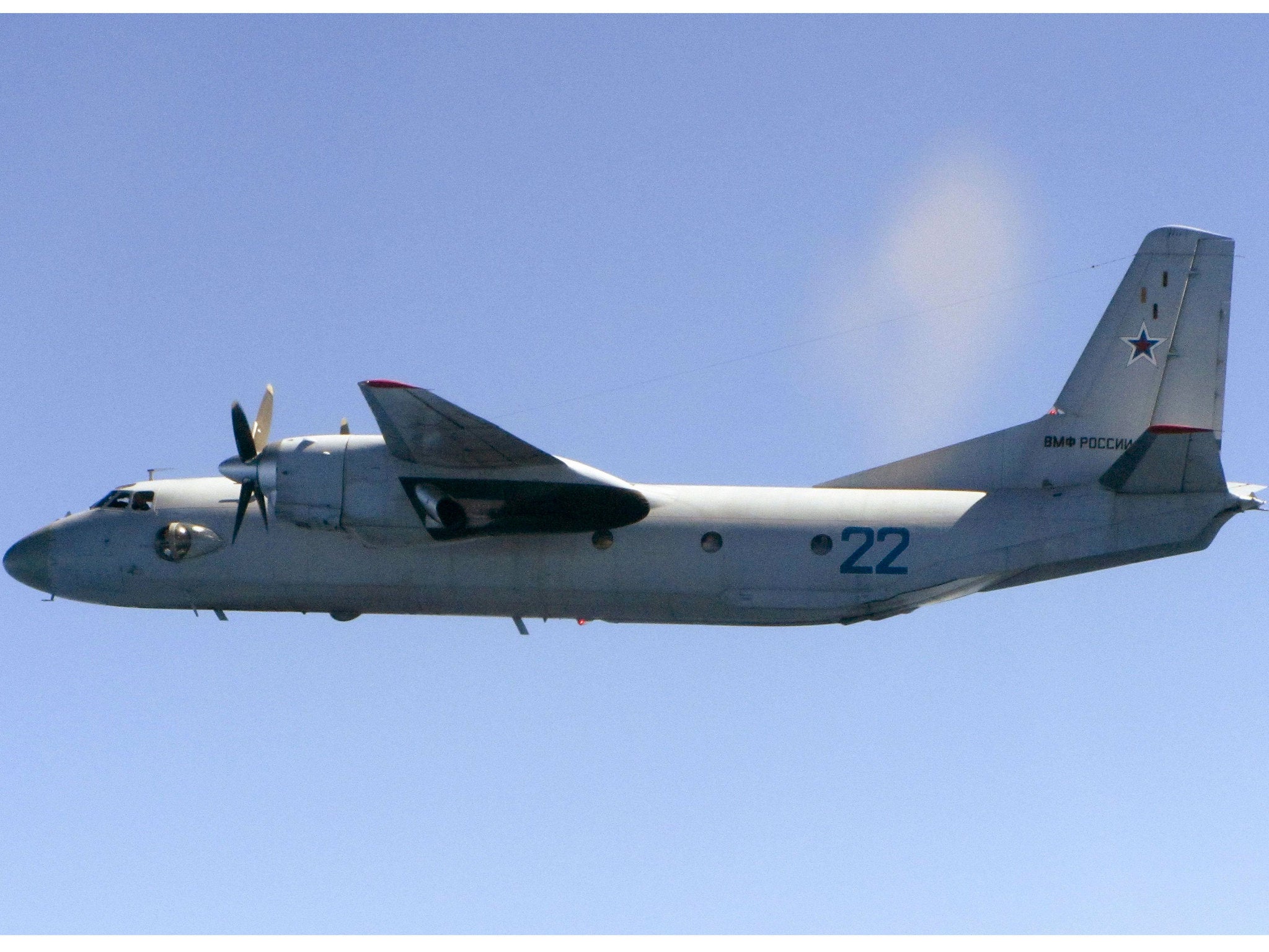 A handout photo provided by the MoD of a Russian Antonov AN-26 'Curl' aircraft photographed from an RAF 'Typhoon' jet over the Baltic, 08 June 2015
