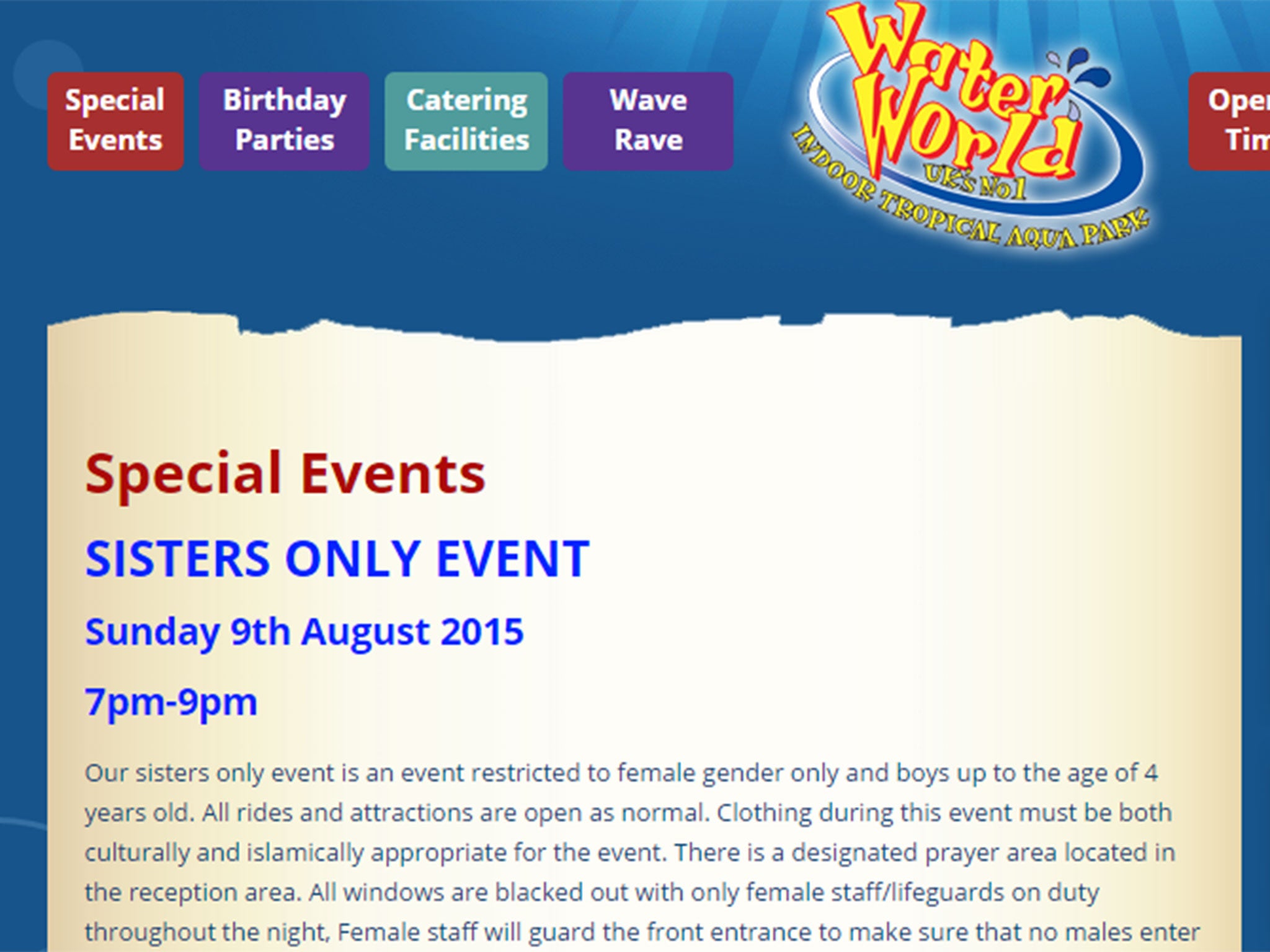 The event advertised on Waterworld's website