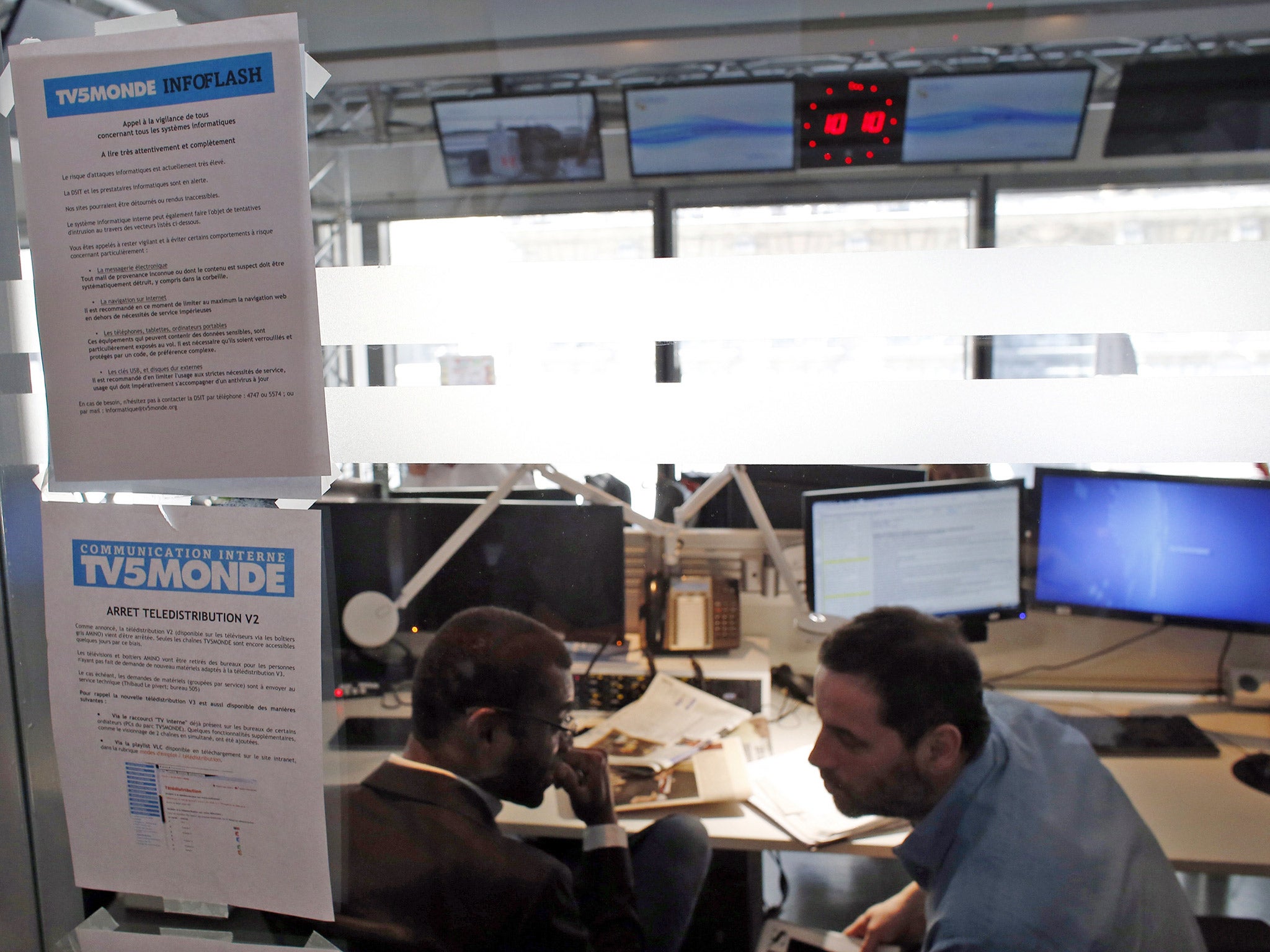 The newsroom at TV5Monde headquarters in Paris, shortly after the French television station was hacked in April