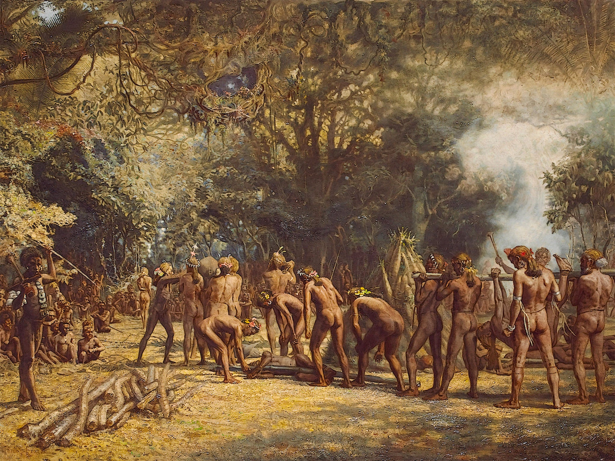 An artist's illustration of a cannibal feast in Vanuatu, in the South Pacific Ocean, about 1600 miles from Papa New Guinea