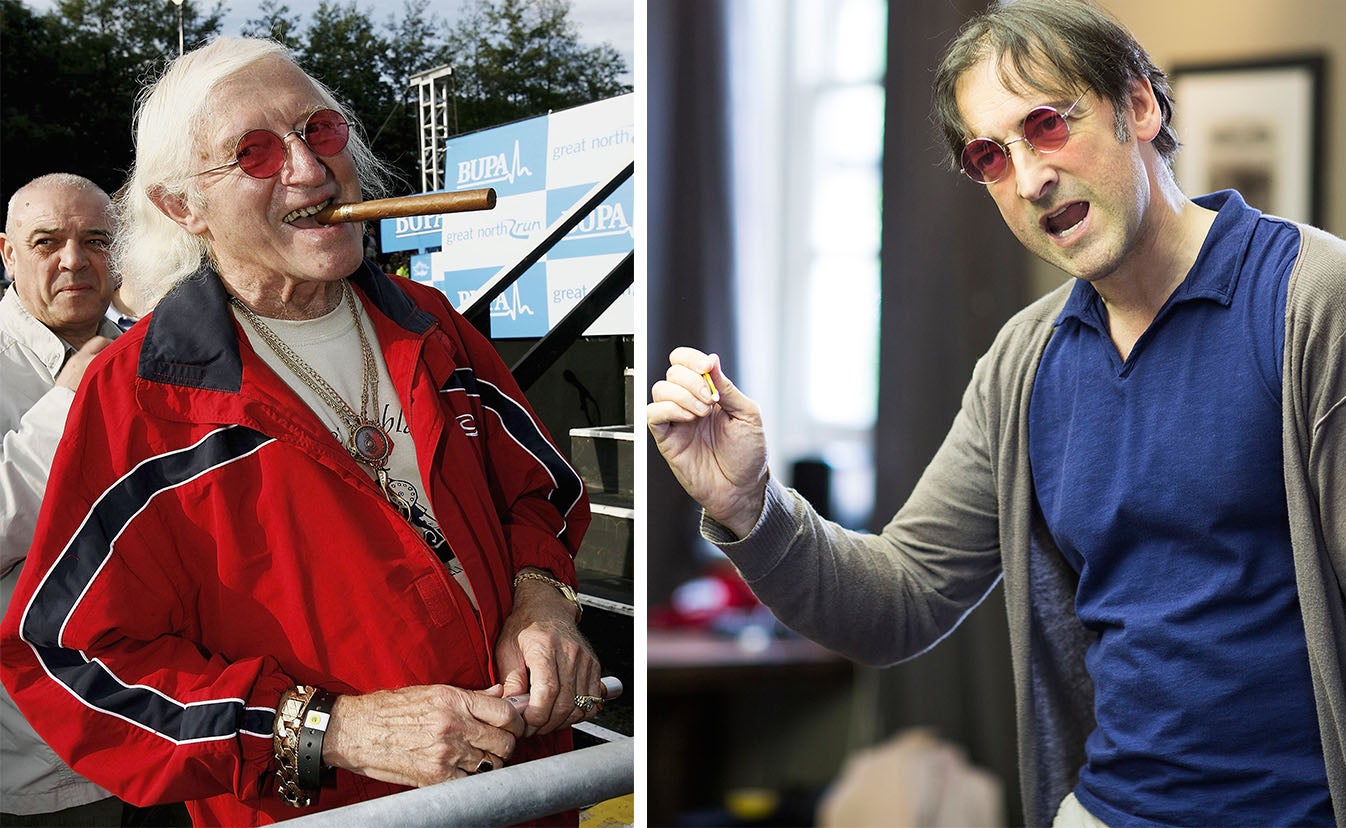 Jimmy Savile (left) and Alistair McGowan who is playing him at the Park Theatre