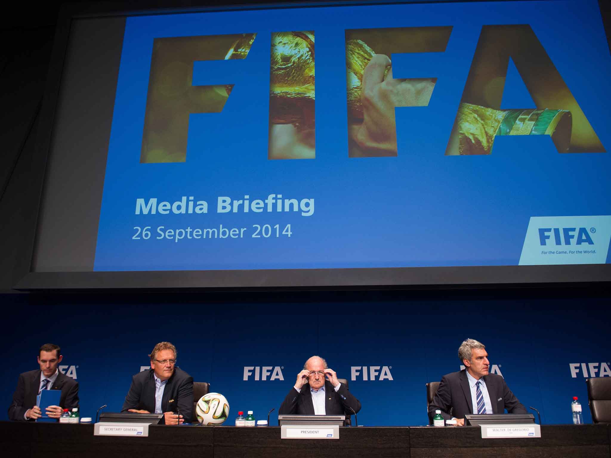 Marco Villiger, Jerome Valcke, Sepp Blatter, and De Gregorio