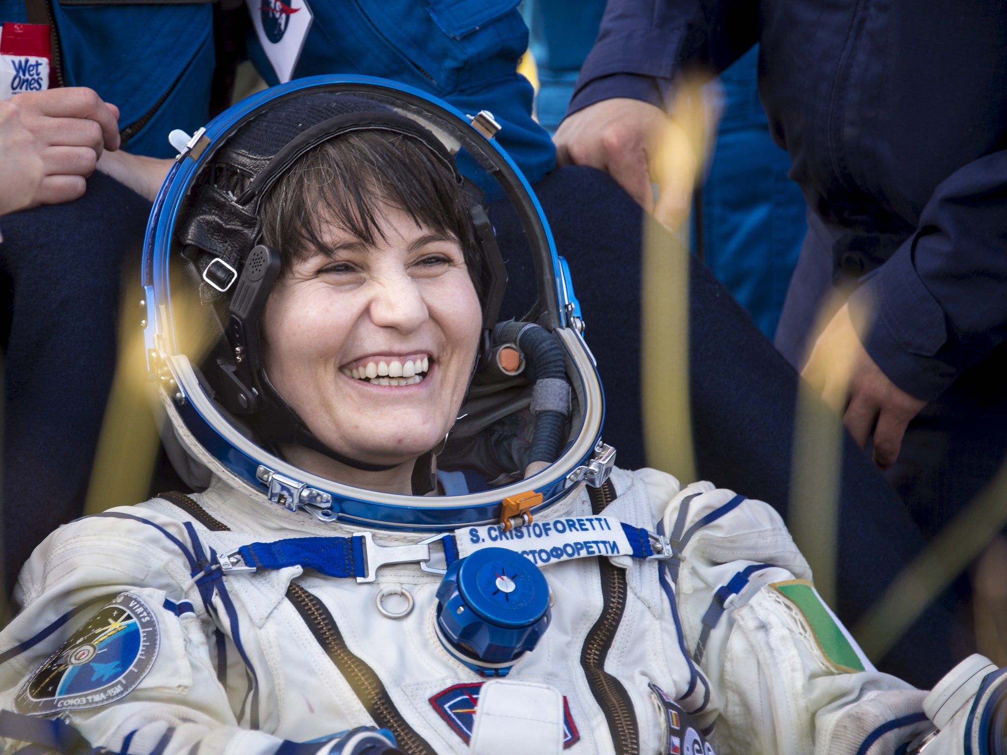 International Space Station crew member Samantha Cristoforetti of Italy rests shortly after landing near the town of Zhezkazgan, Kazakhstan, June 11, 2015