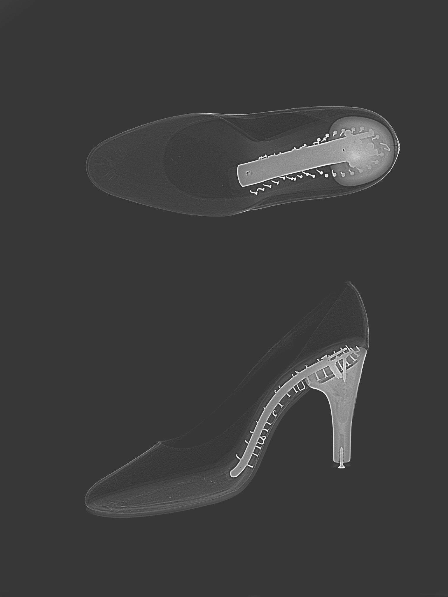 An x-ray of silk-satin shoes with Wedgwood heels by Rayne