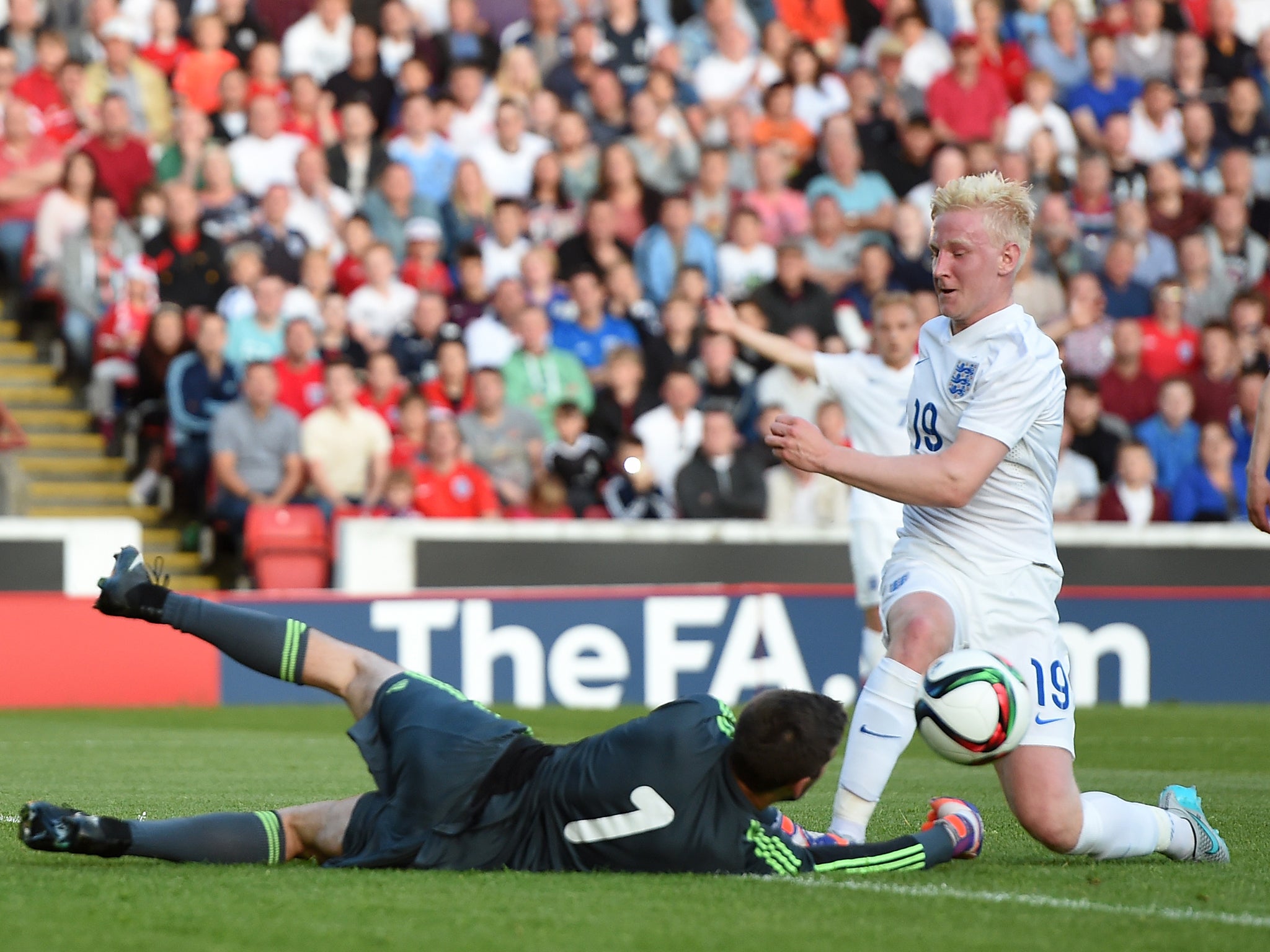 Derby’s Will Hughes is frustrated by the Belarus goalkeeper on a night of few chances for England at Oakwell