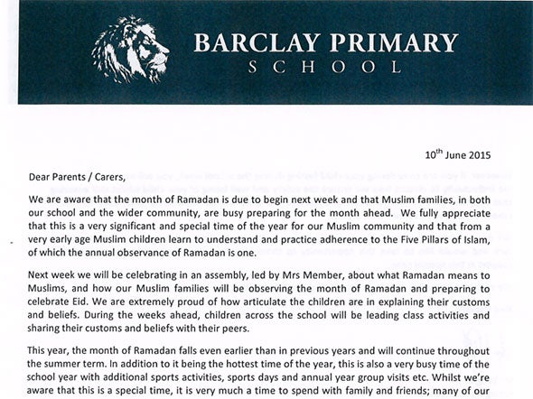 The letter sent home to parents of pupils at Barclay Primary School